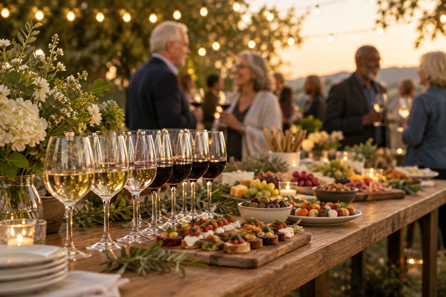 Buffet table set with wine glasses at an evening reception