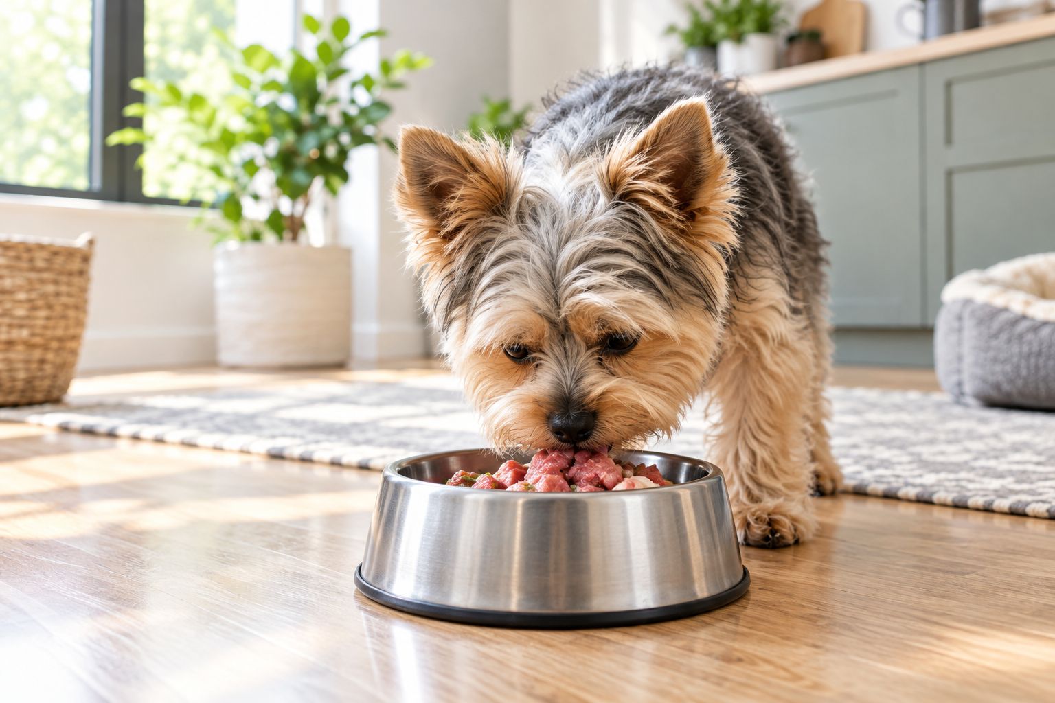 Small dog eating a portioned raw meal from a steel bowl