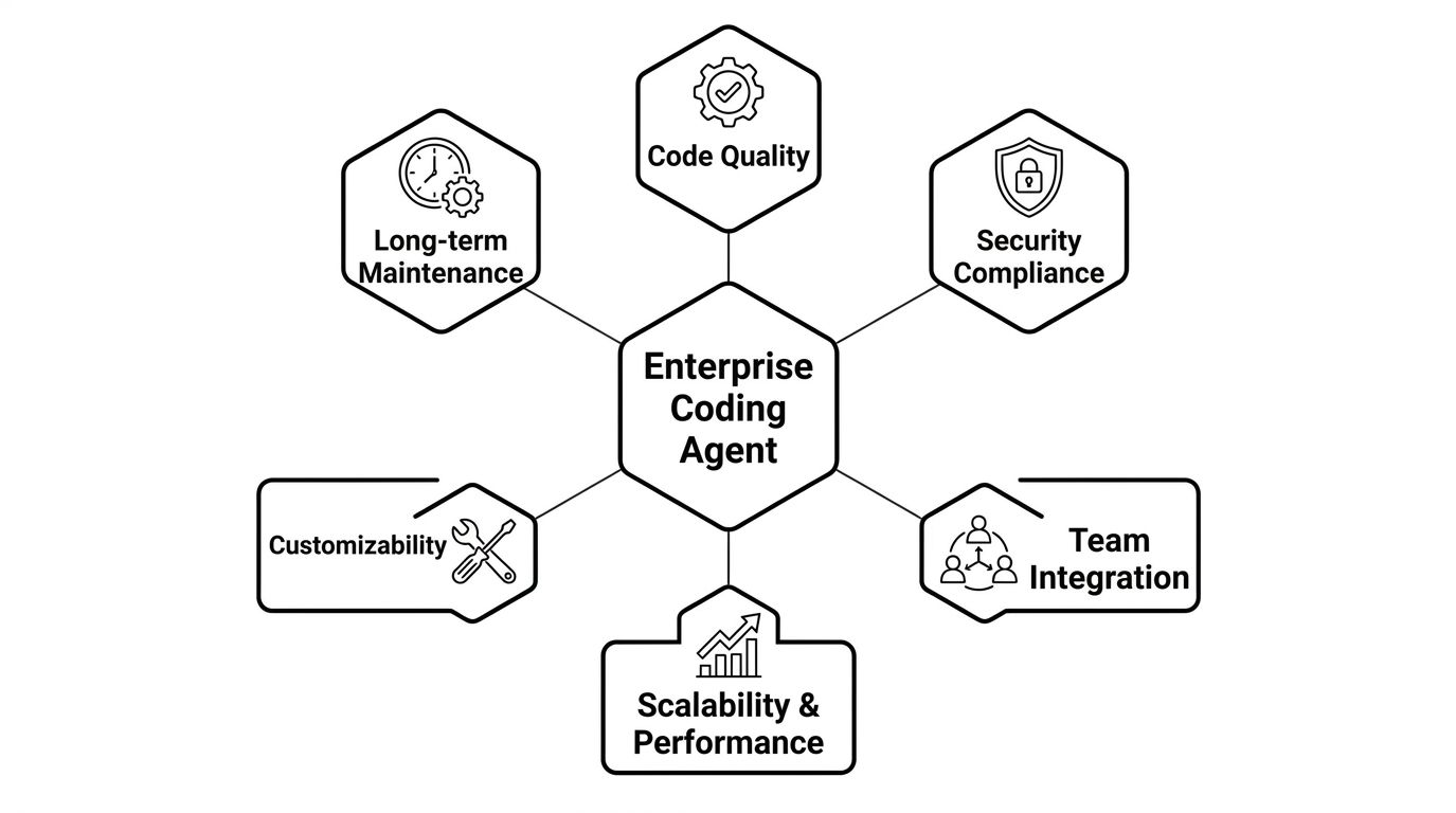 Six criteria connected around a central enterprise coding agent node