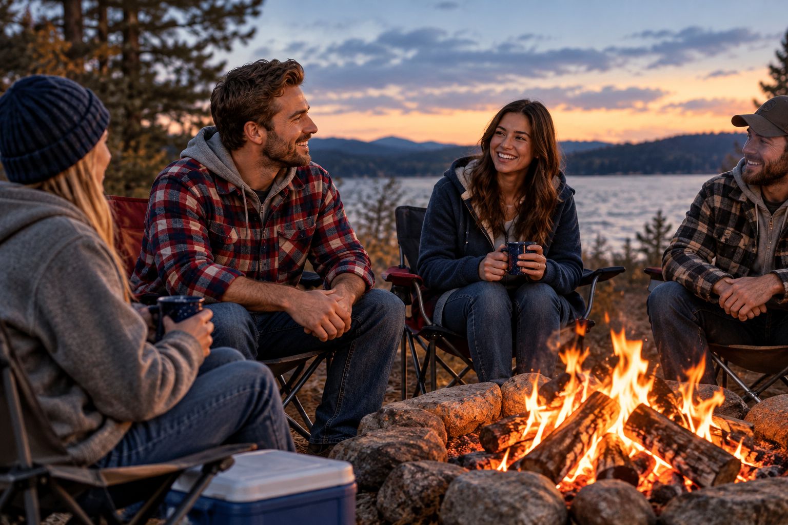 Group in heavyweight hoodies and long sleeves around a fall bonfire at dusk