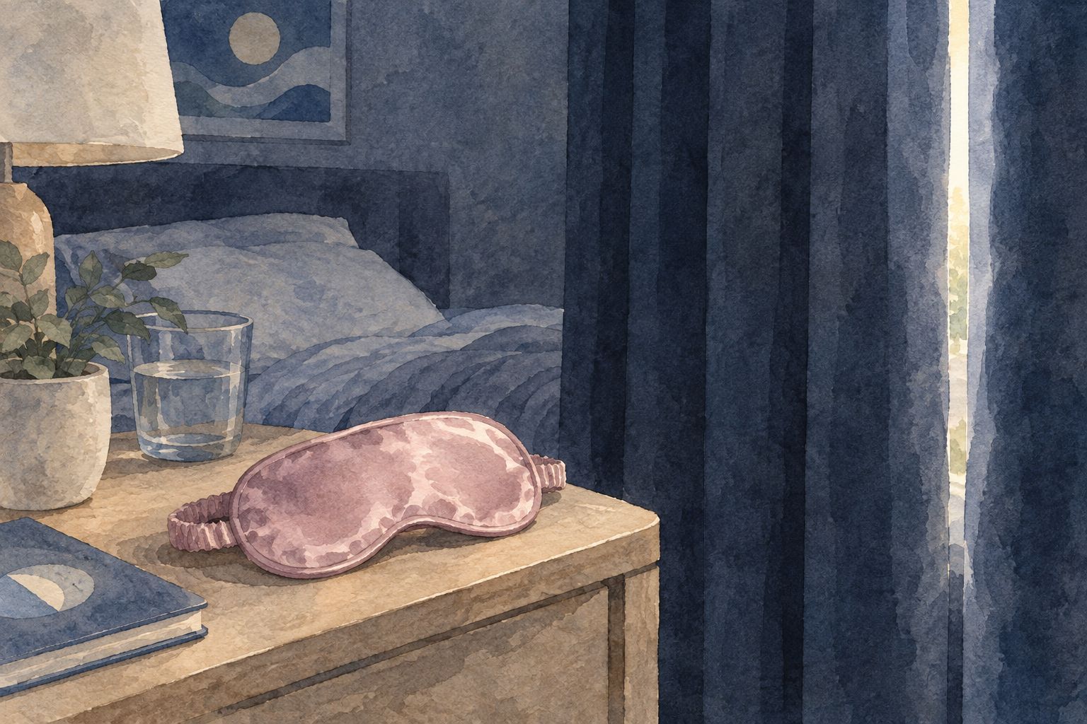 Silk sleep mask on a nightstand in a darkened daytime bedroom