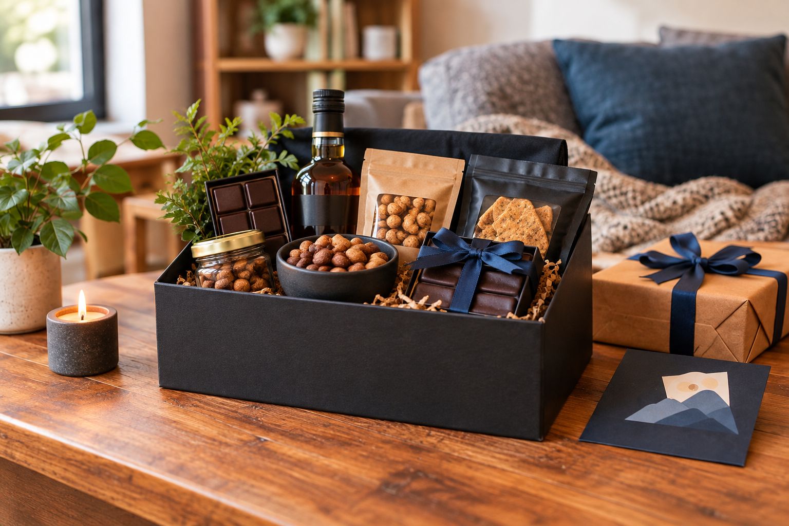 Gourmet gift hamper for a man's birthday on a wooden table