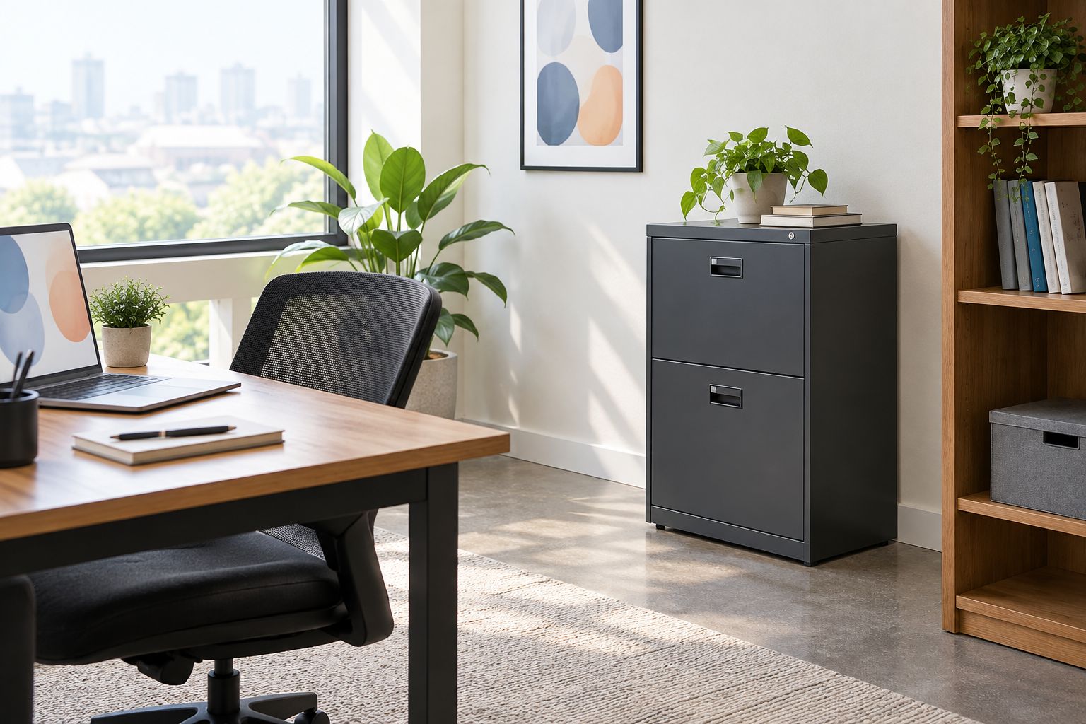 Two-drawer filing cabinet in the corner of a small home office