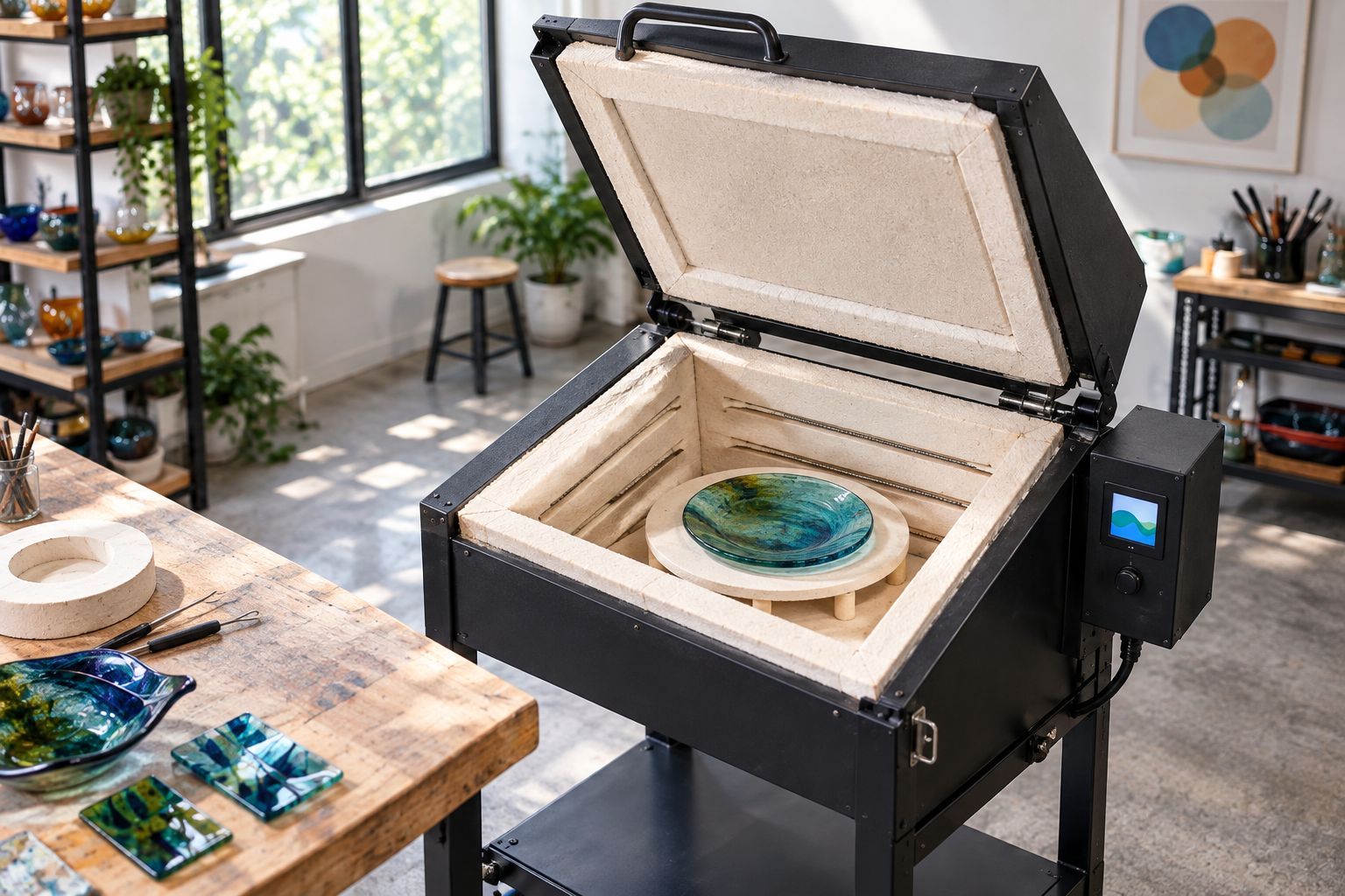 Open clamshell glass kiln loaded with a mold for slumping