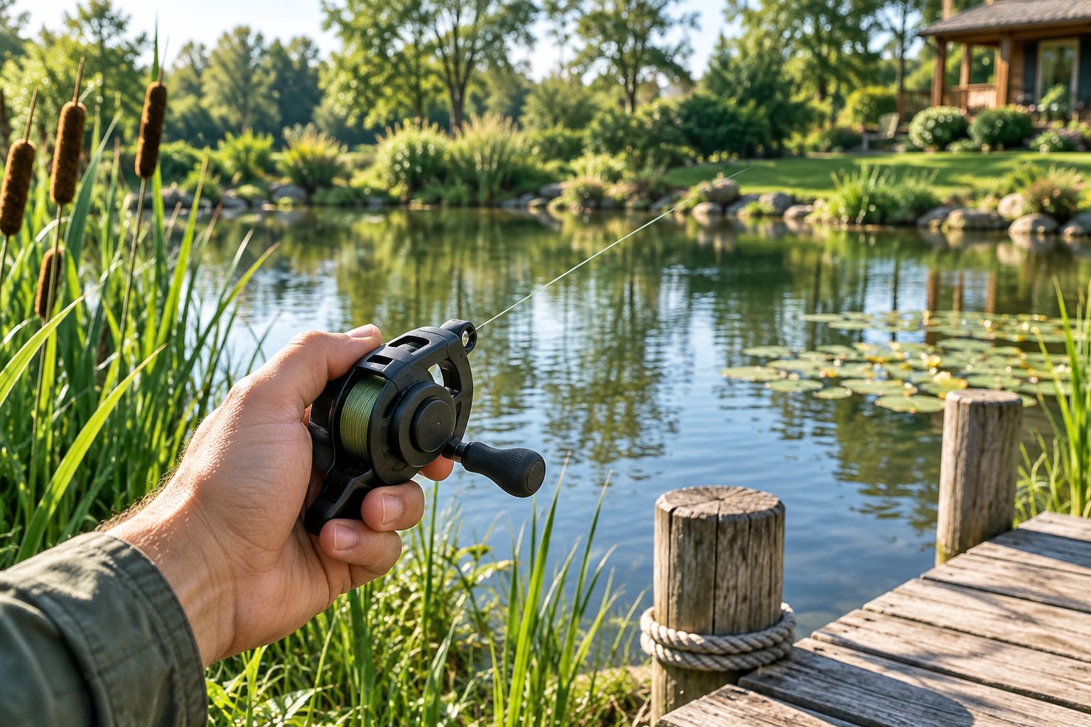 Hand holding a compact hand reel at the edge of a backyard pond