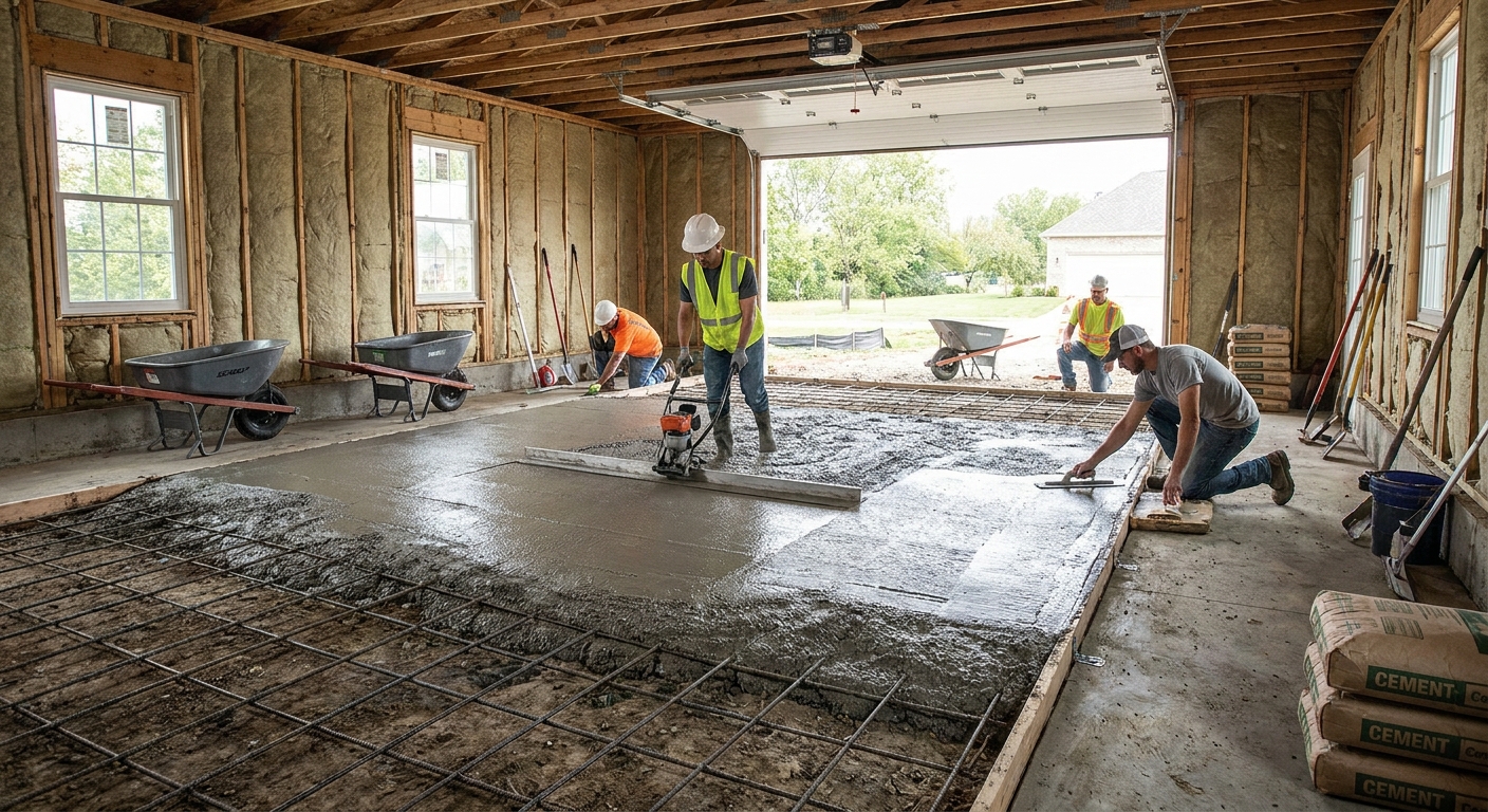 Støbning af betongulv til garage