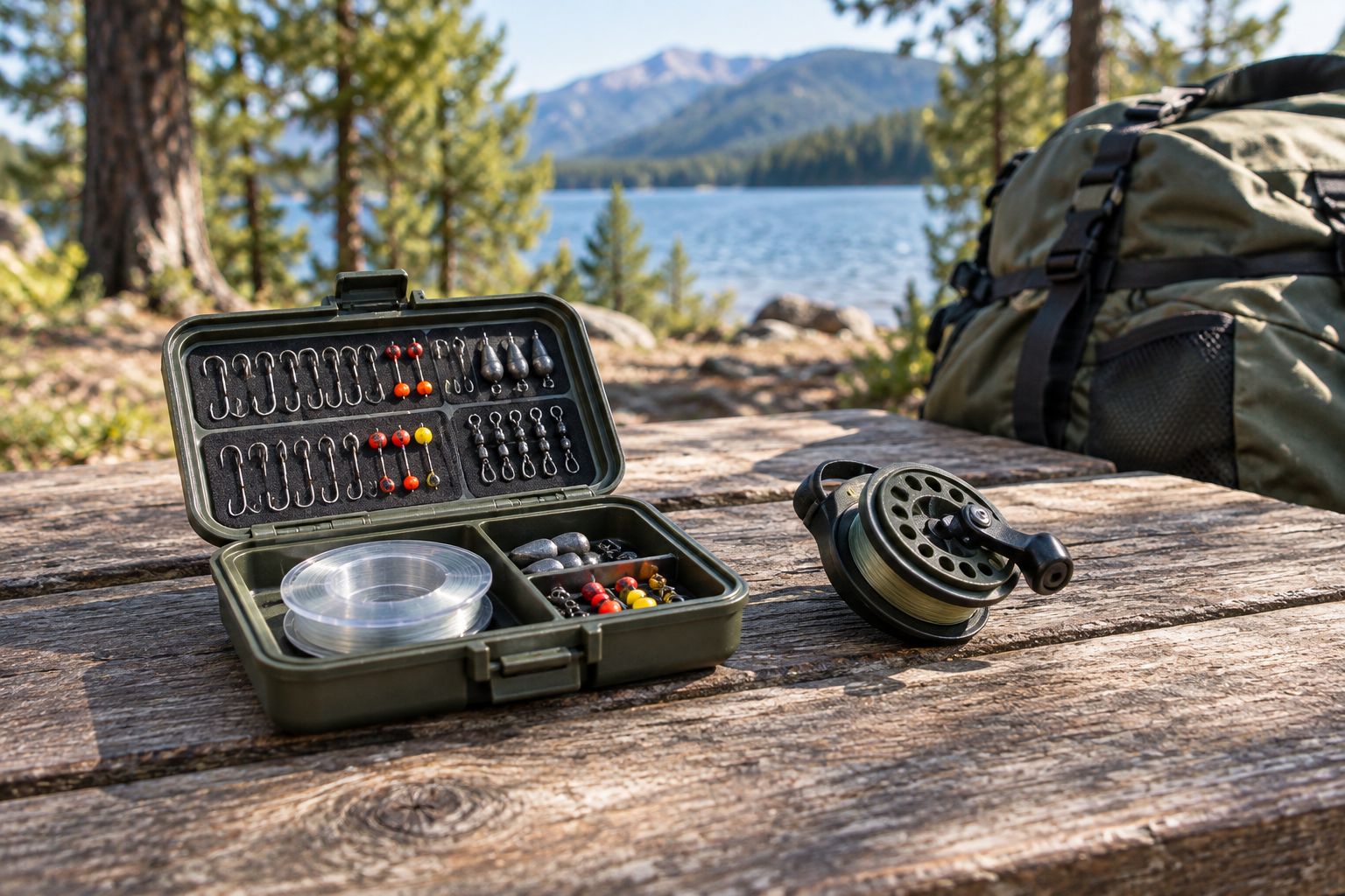 Compact fishing kit packed and organized on a picnic table at camp