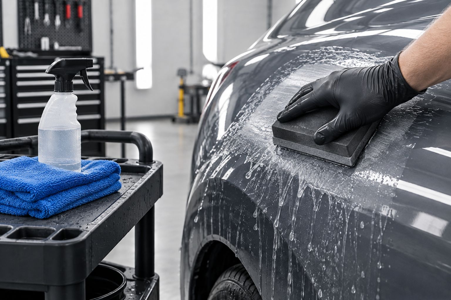 Technician wet sanding a car body panel by hand with a sanding block