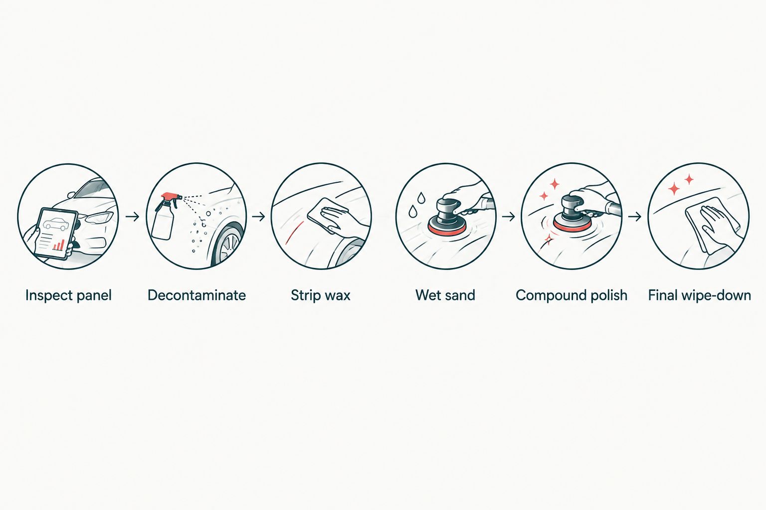 Six-step sequence for auto body shop paint prep from inspection to final wipe-down