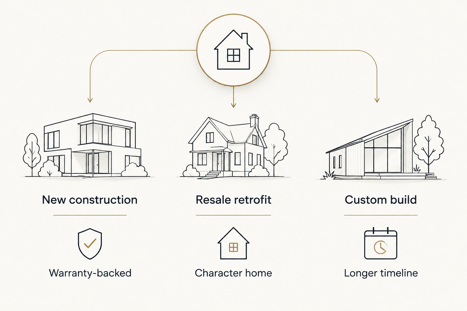 Two-column comparison of new construction, resale retrofit, and custom build paths to a smart home