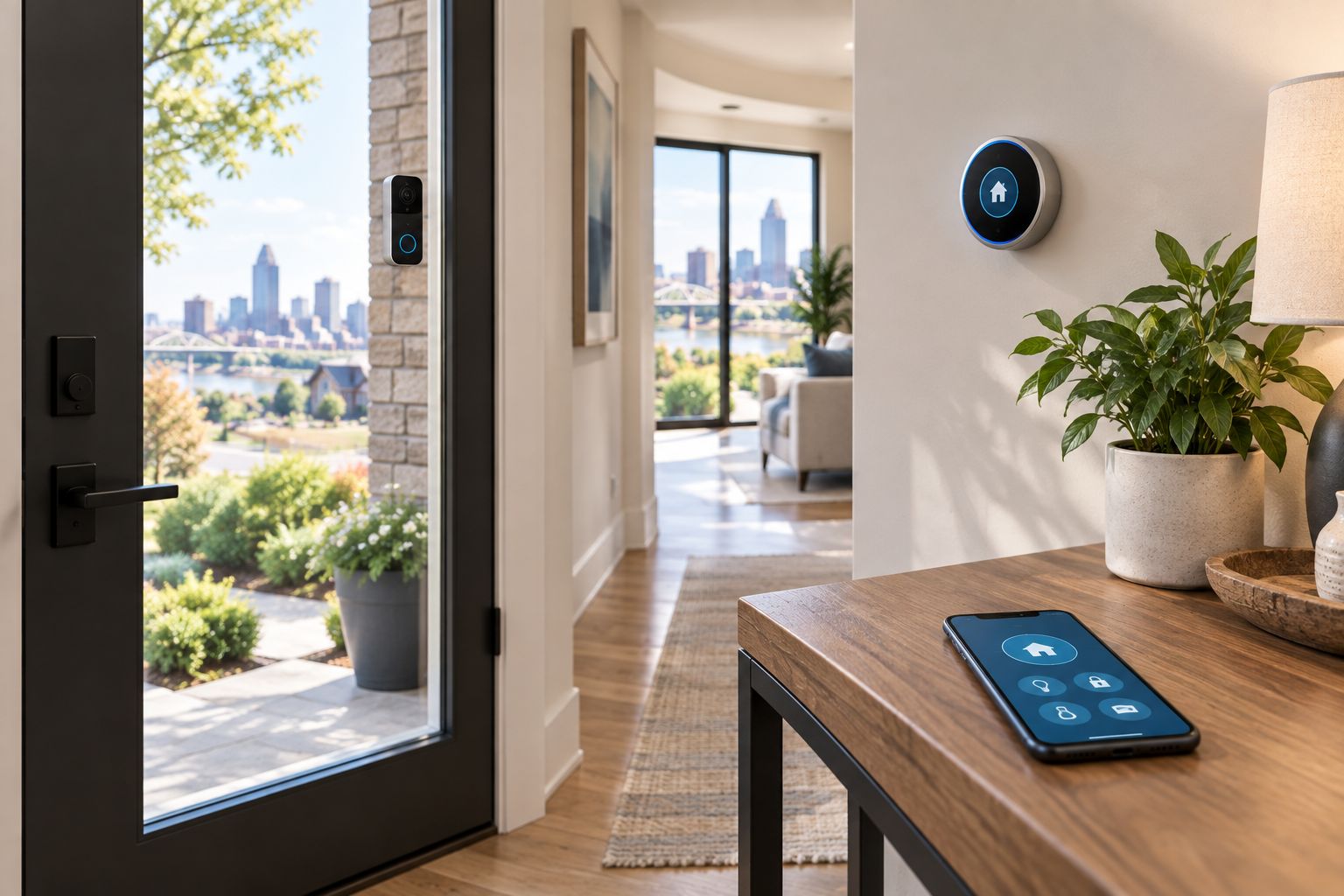 Entryway of a home with a video doorbell and wall thermostat visible