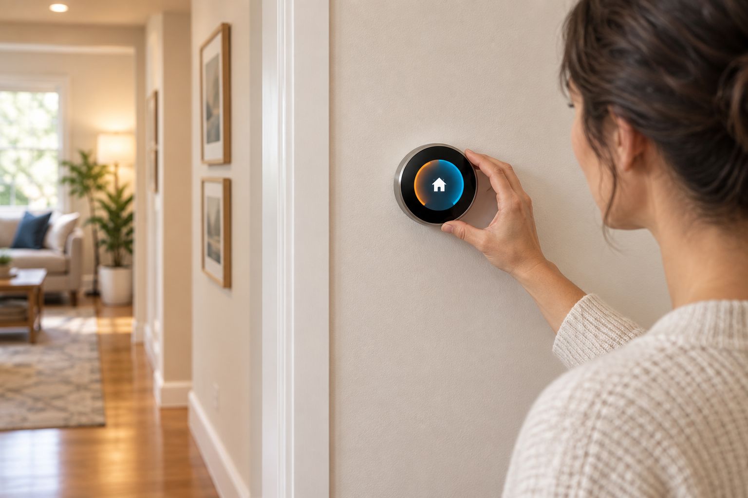 Smart thermostat mounted on a hallway wall with glowing display