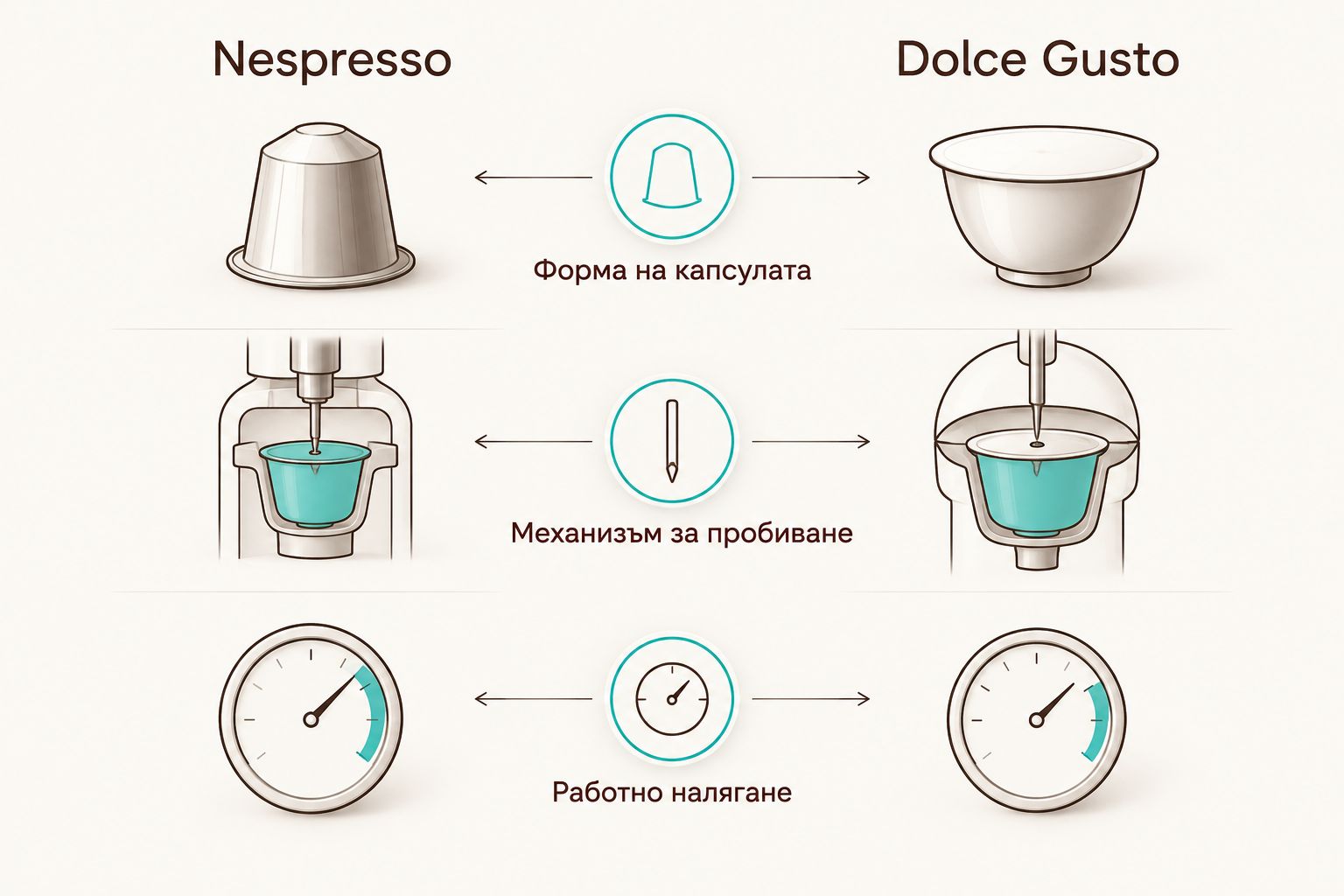 Сравнителна диаграма на капсулите на Nespresso и Dolce Gusto по форма, механизъм и налягане