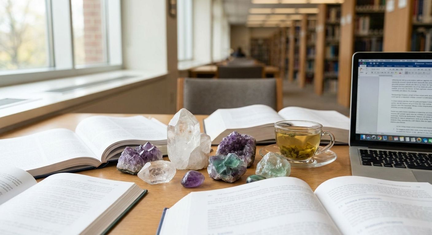 Crystals and gemstones arranged among open books and a laptop