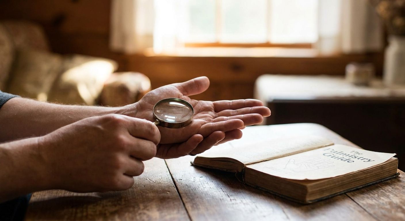 A person examining an open palm with a magnifying glass beside a palmistry guide