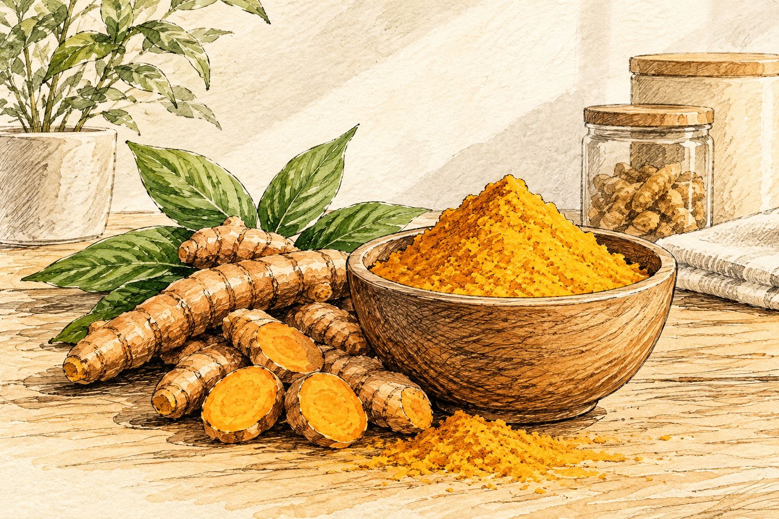 Bowl of turmeric powder beside whole dried turmeric rhizomes
