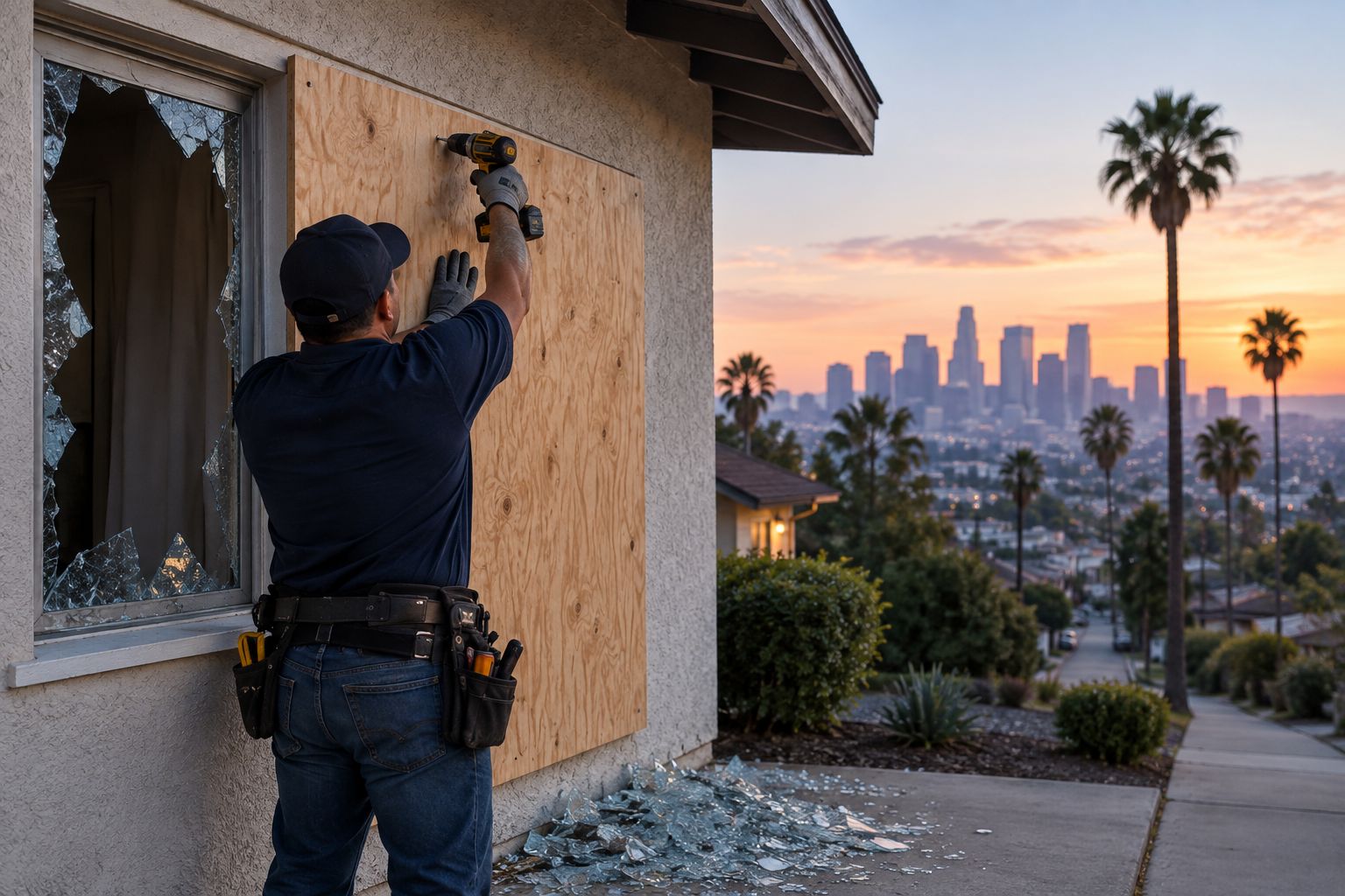 Worker securing a broken window with plywood board-up at dusk