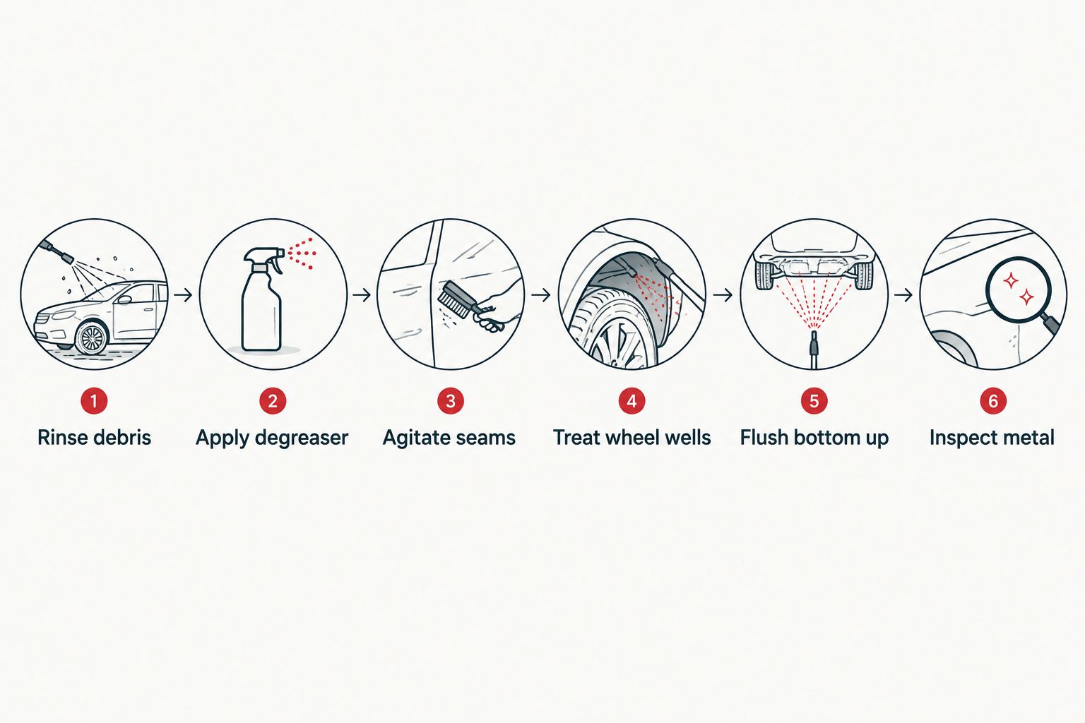 Six-step diagram for removing salt residue from a vehicle undercarriage