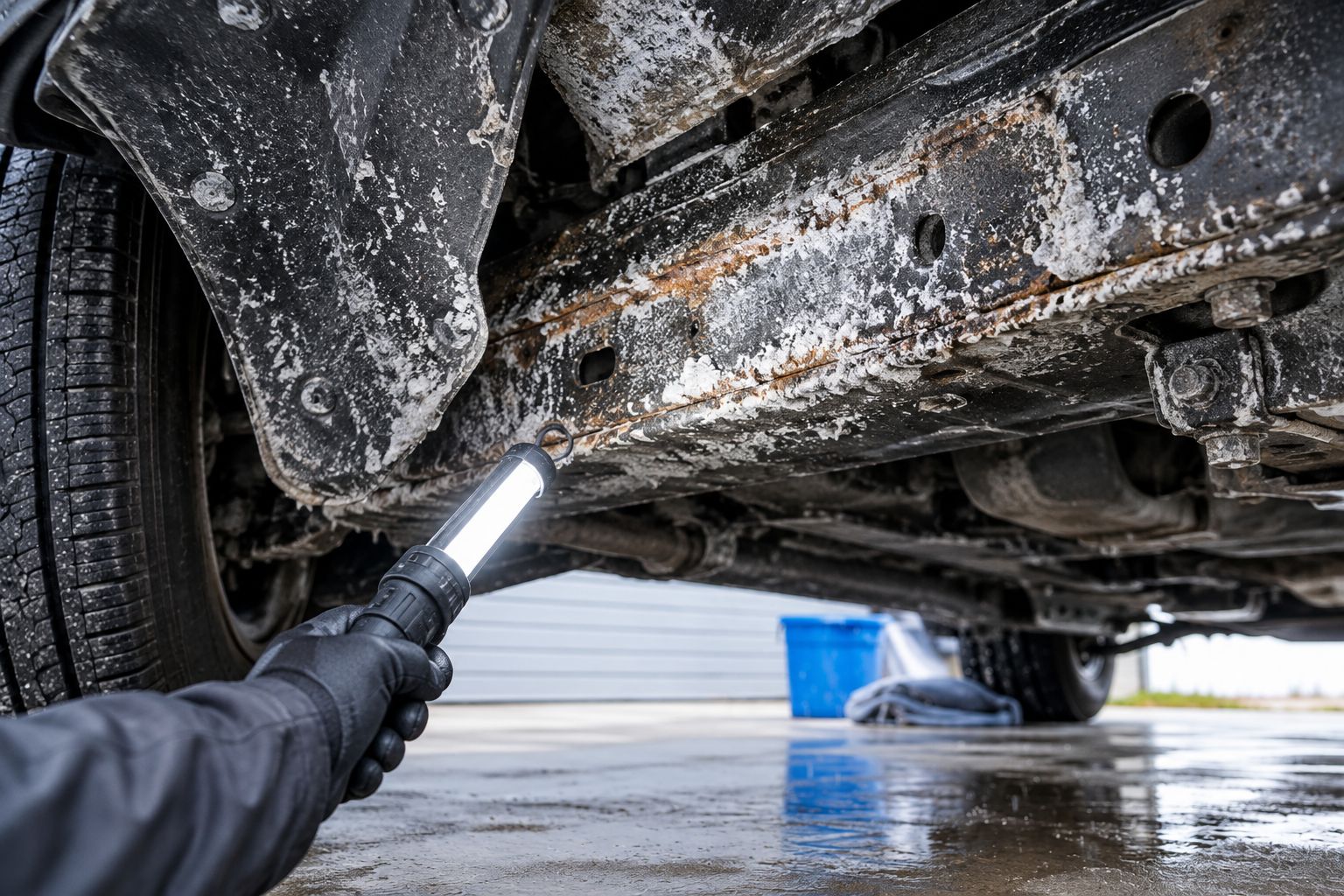 Dried salt crust and surface rust along a vehicle frame rail seam
