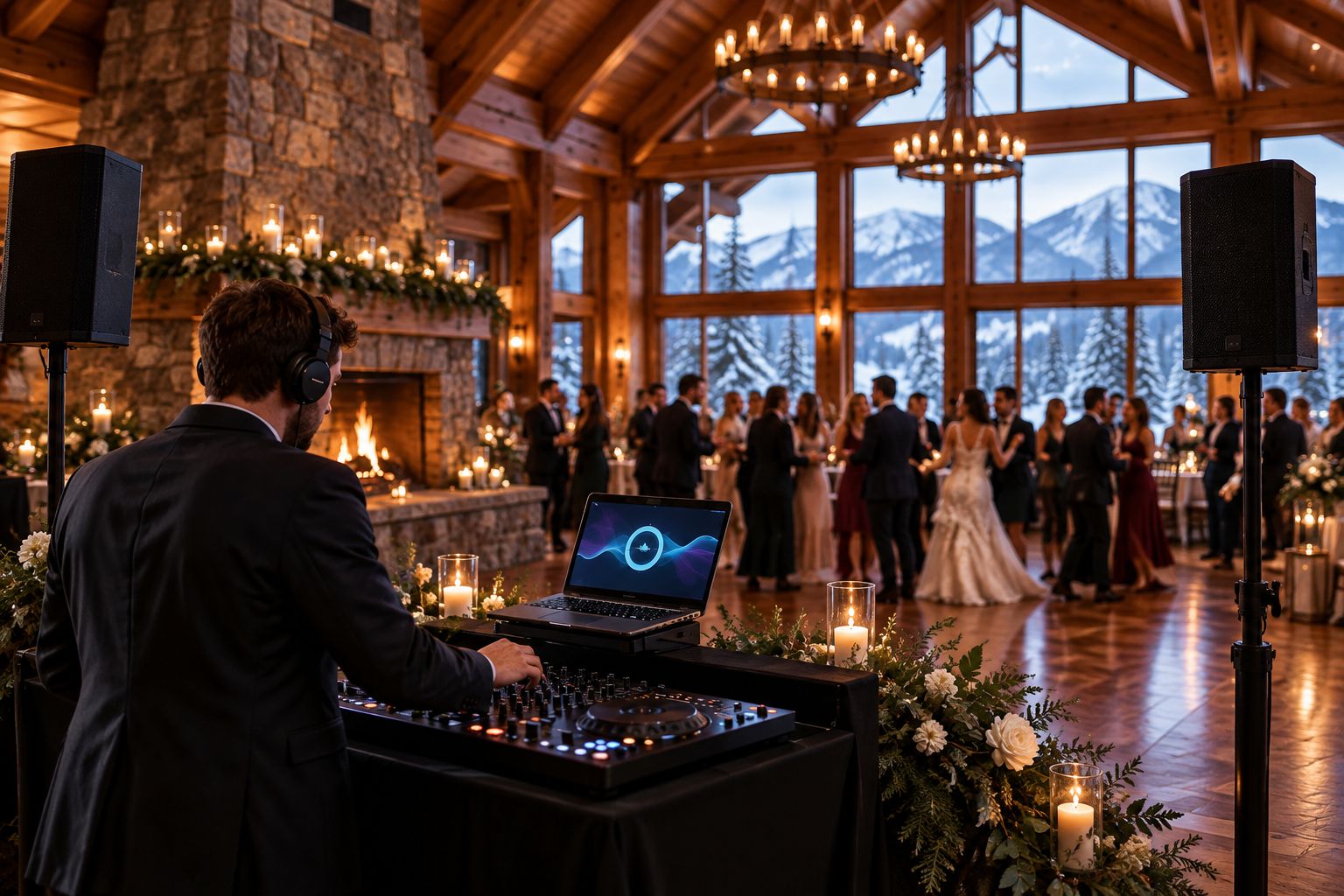 DJ setup inside a Maine ski lodge great room with exposed beams and stone fireplace