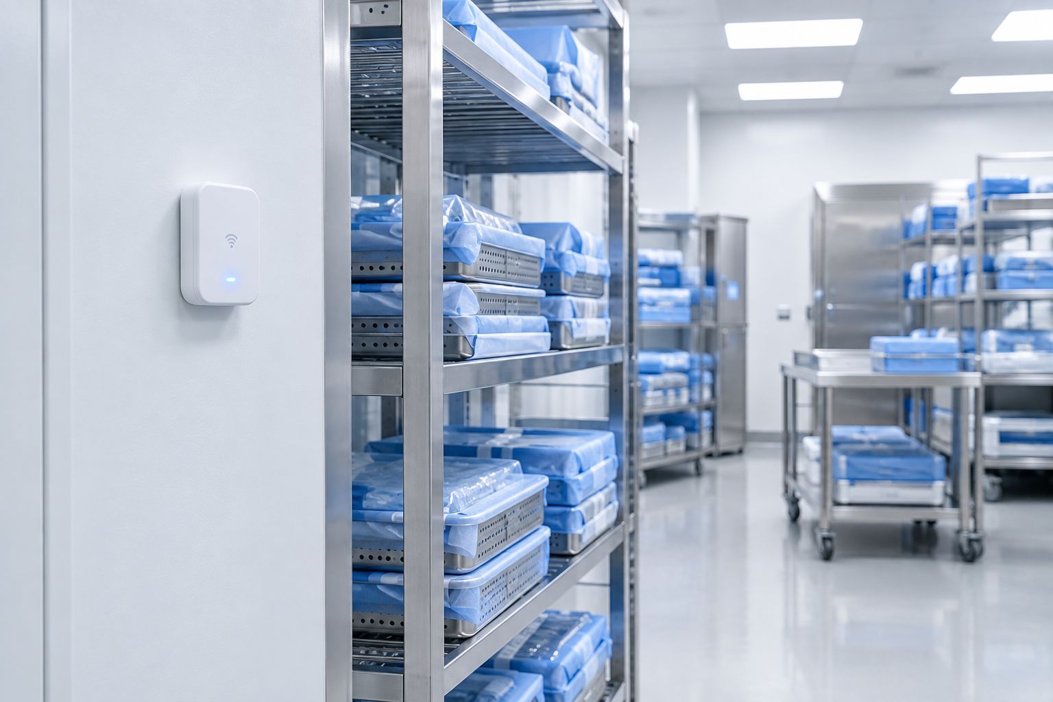 Wireless environmental sensor mounted in a sterile storage room