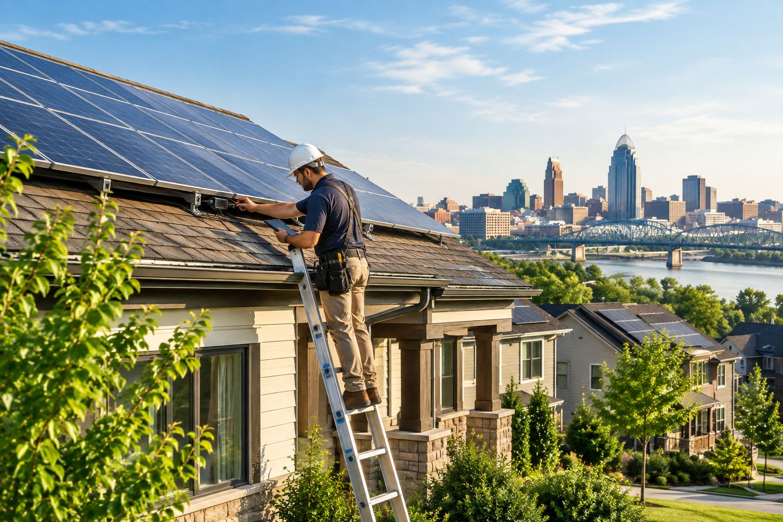Home inspector checking rooftop solar panel wiring and mounts