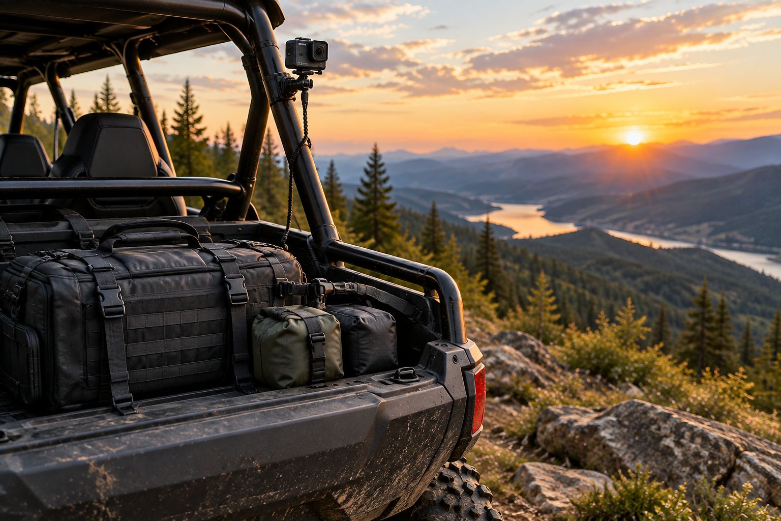 Padded camera cases and dry bags secured inside a UTV beside a rocky trail