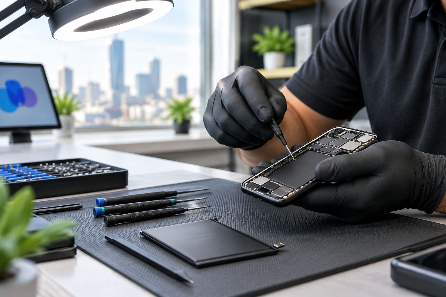 Technician inspecting a smartphone battery on a repair workbench