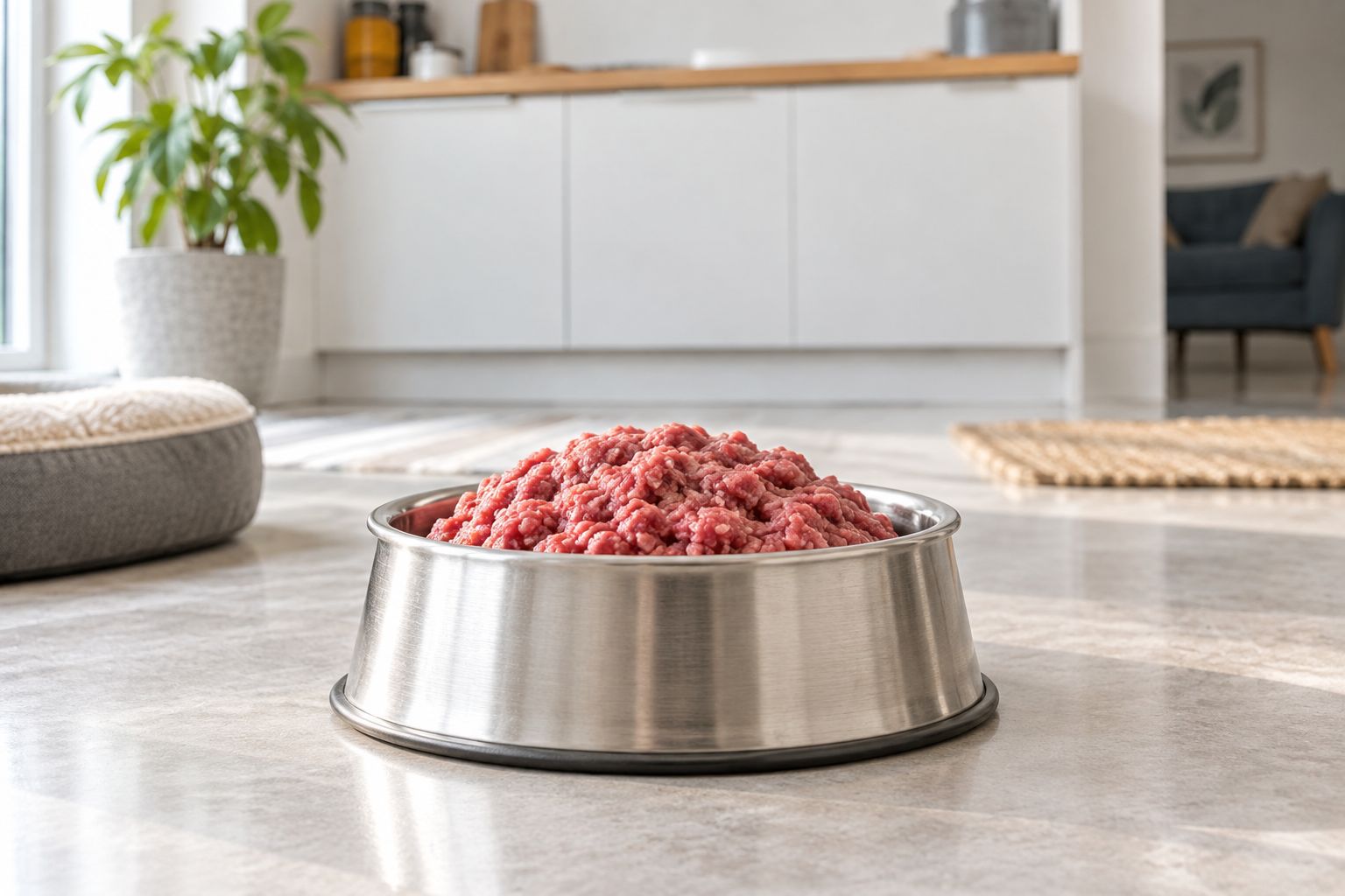Bowl of single-protein raw dog food on a kitchen floor