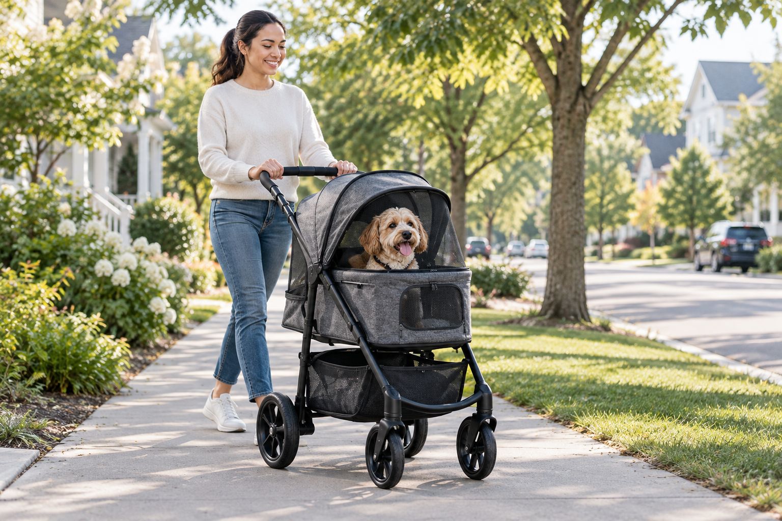 Dog riding comfortably in a pet stroller on a sidewalk walk