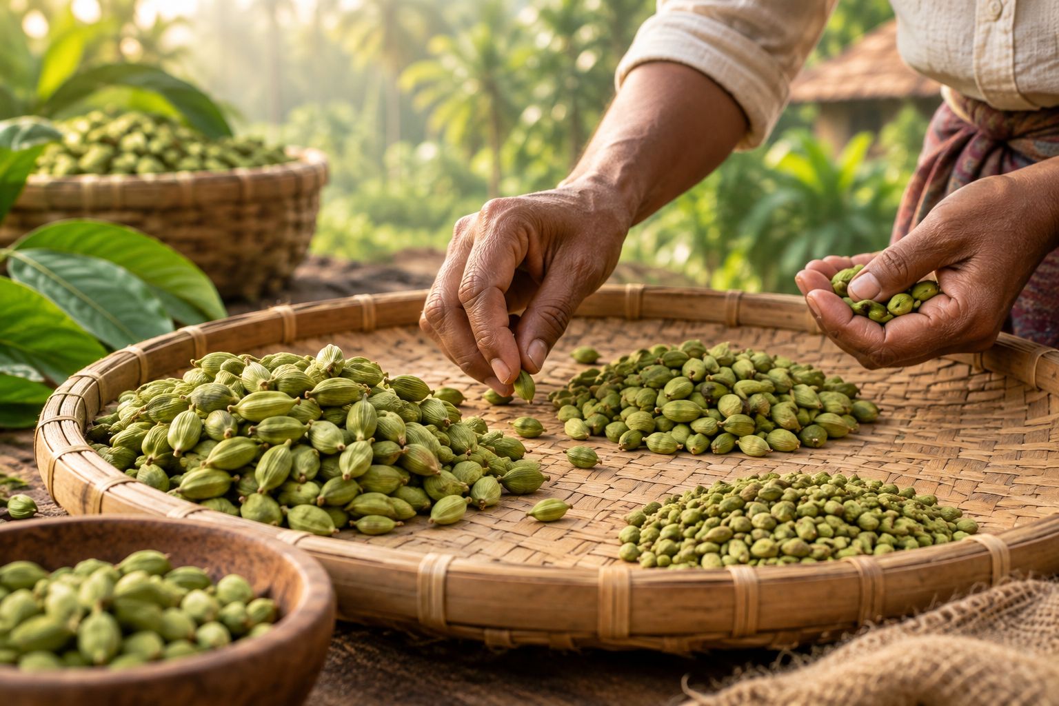 Hands sorting green cardamom pods by grade on a bamboo tray