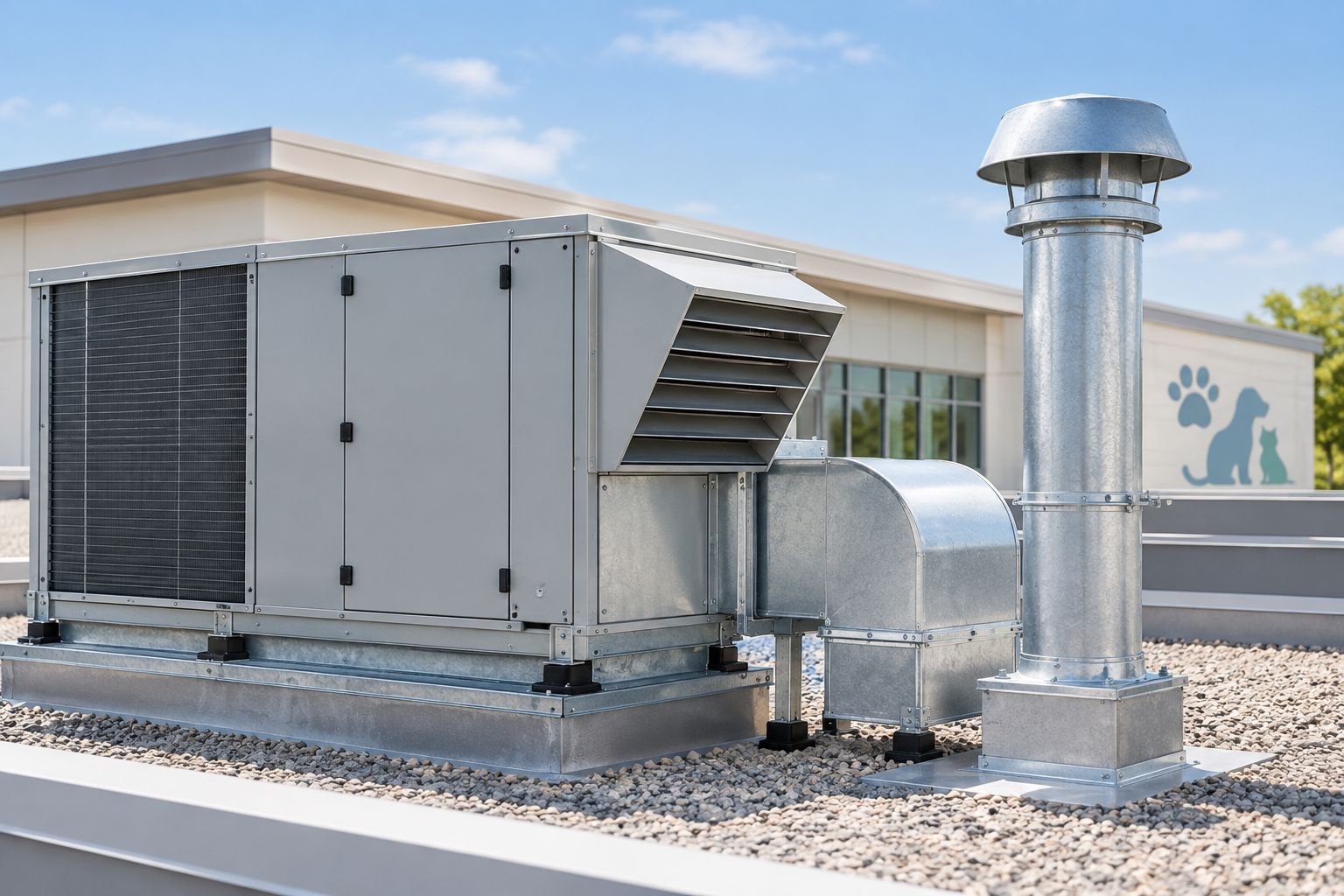 Rooftop HVAC unit with a dedicated exhaust stack on a commercial clinic building