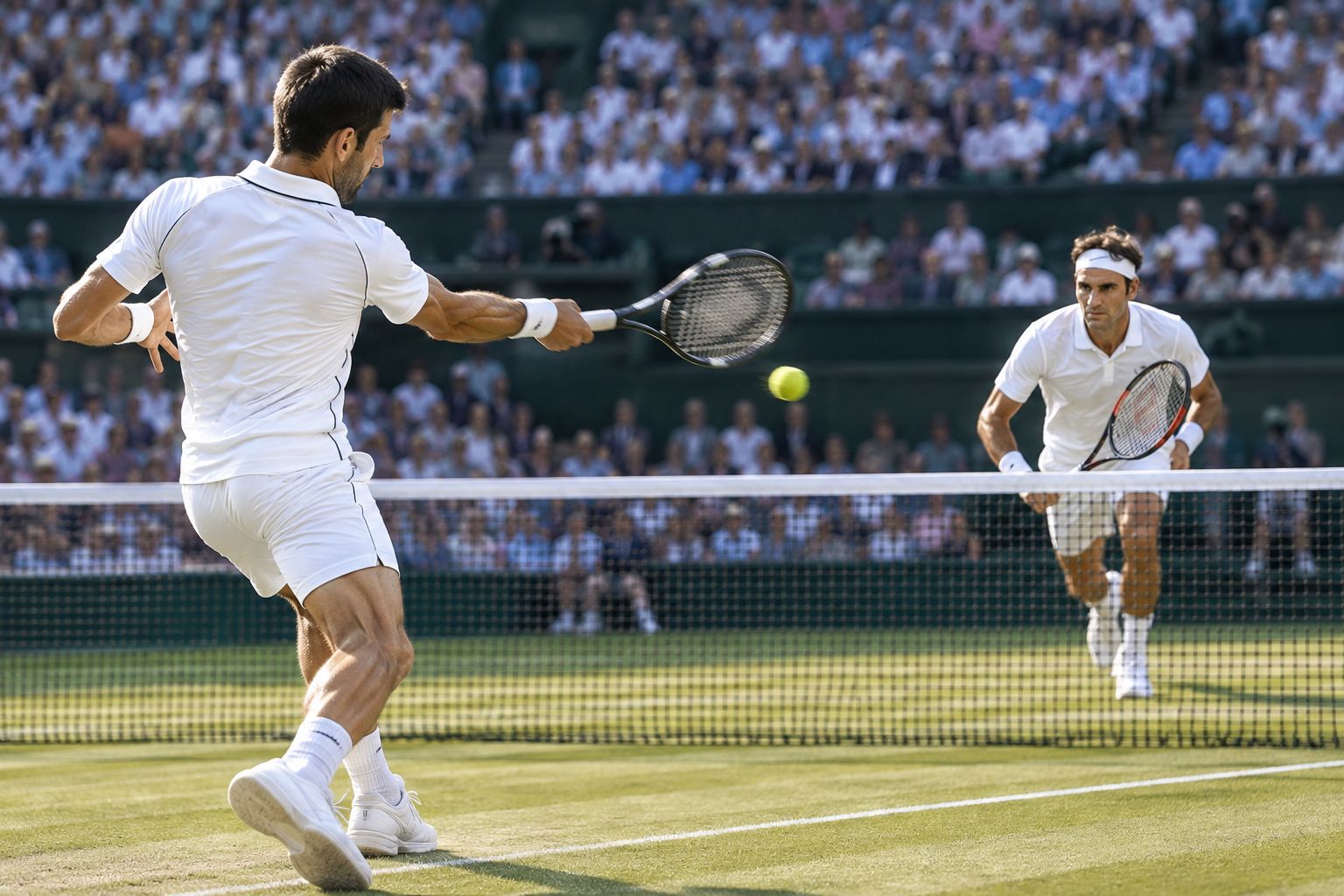 Two tennis players competing in a Grand Slam final on a grass court