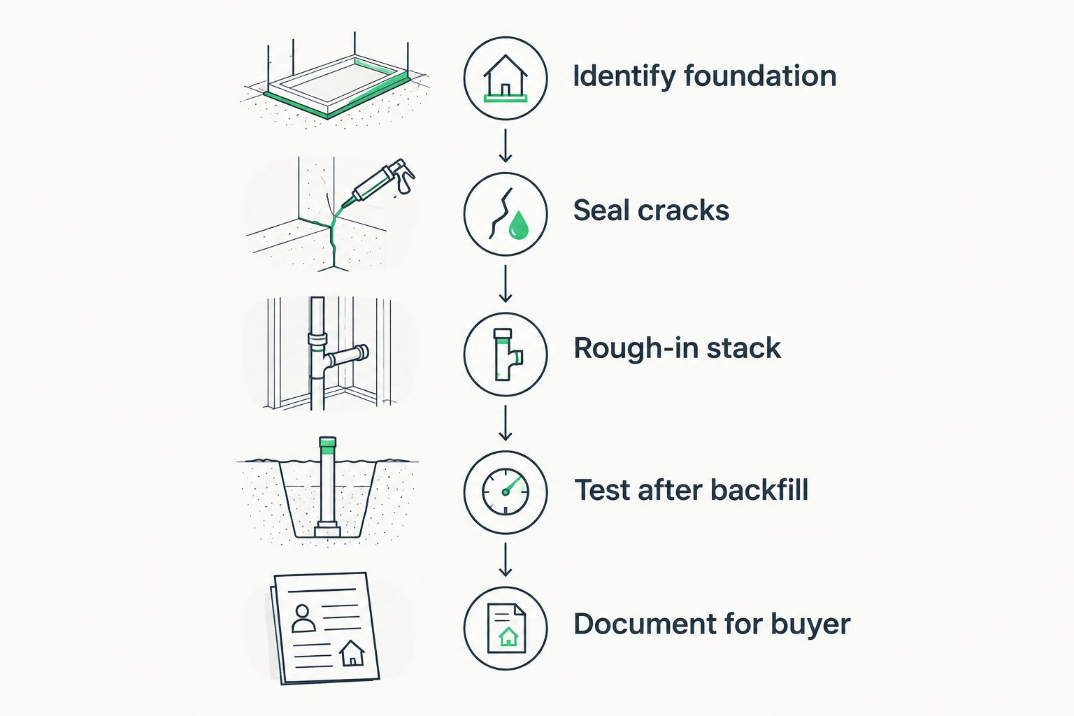 Five-stage timeline of radon mitigation steps for foundation contractors