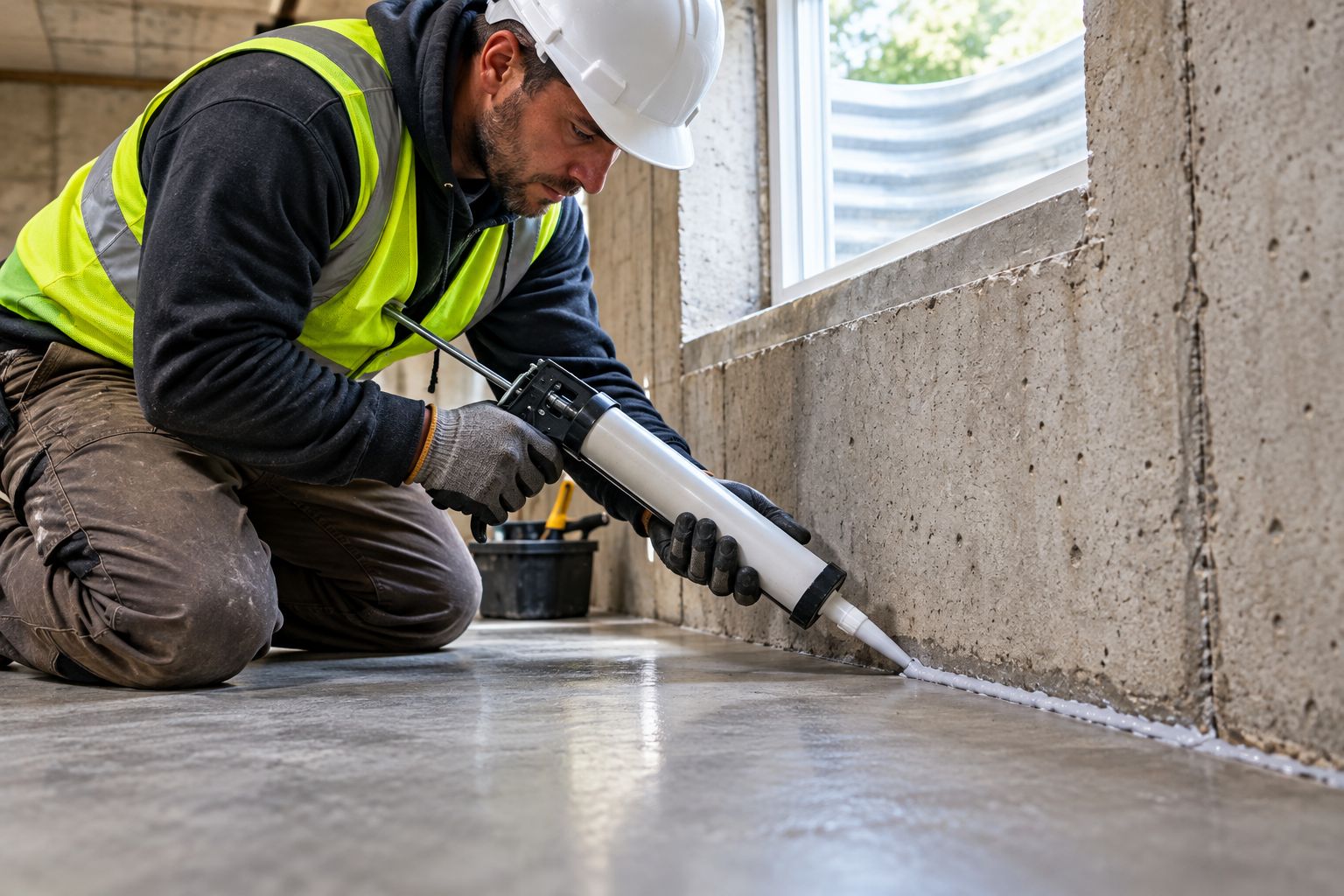 Contractor sealing a foundation crack with polyurethane caulk