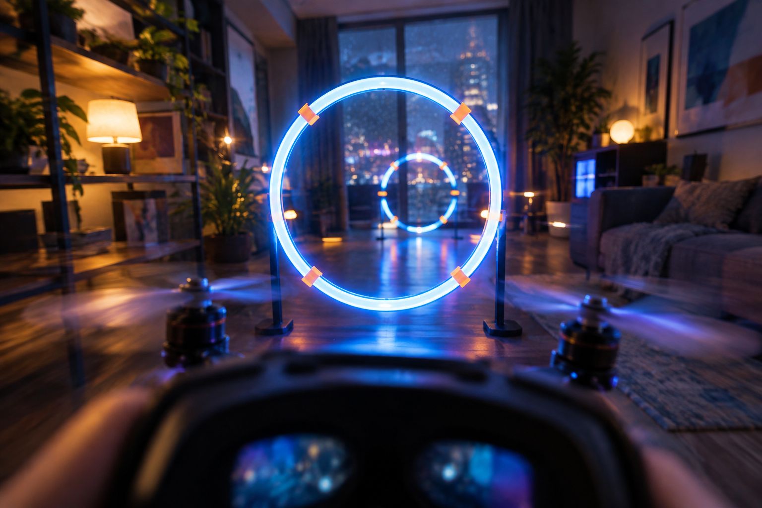 Micro-FPV racing drone flying through a lit gate indoors