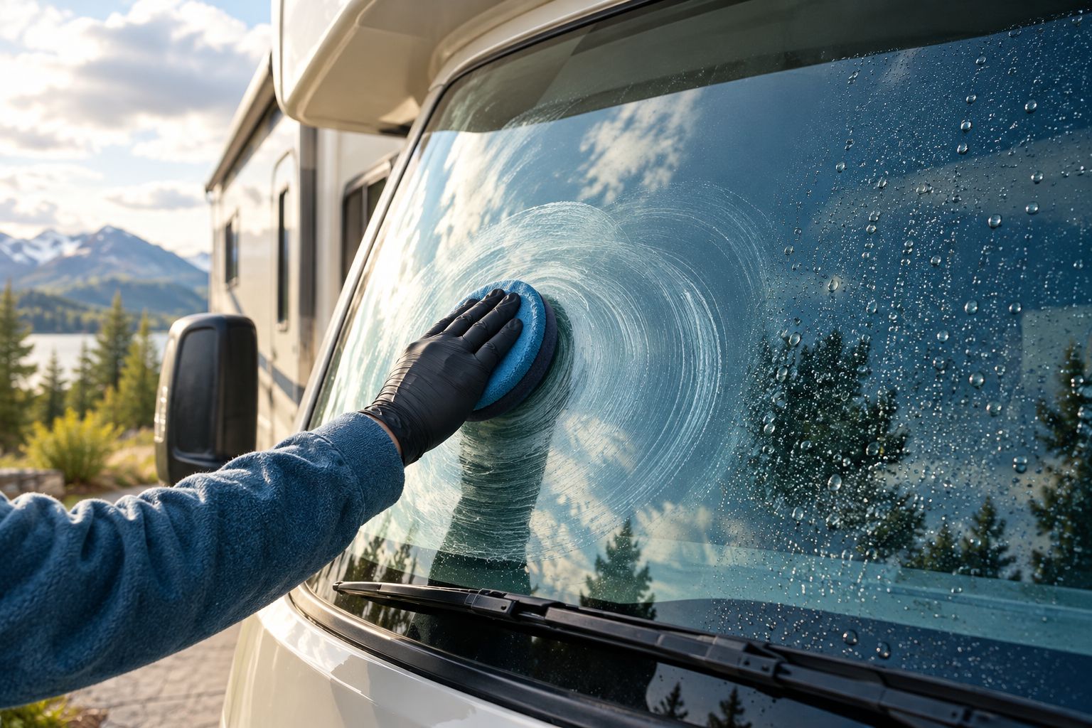 Applying a glass coating to an RV windshield with a foam applicator