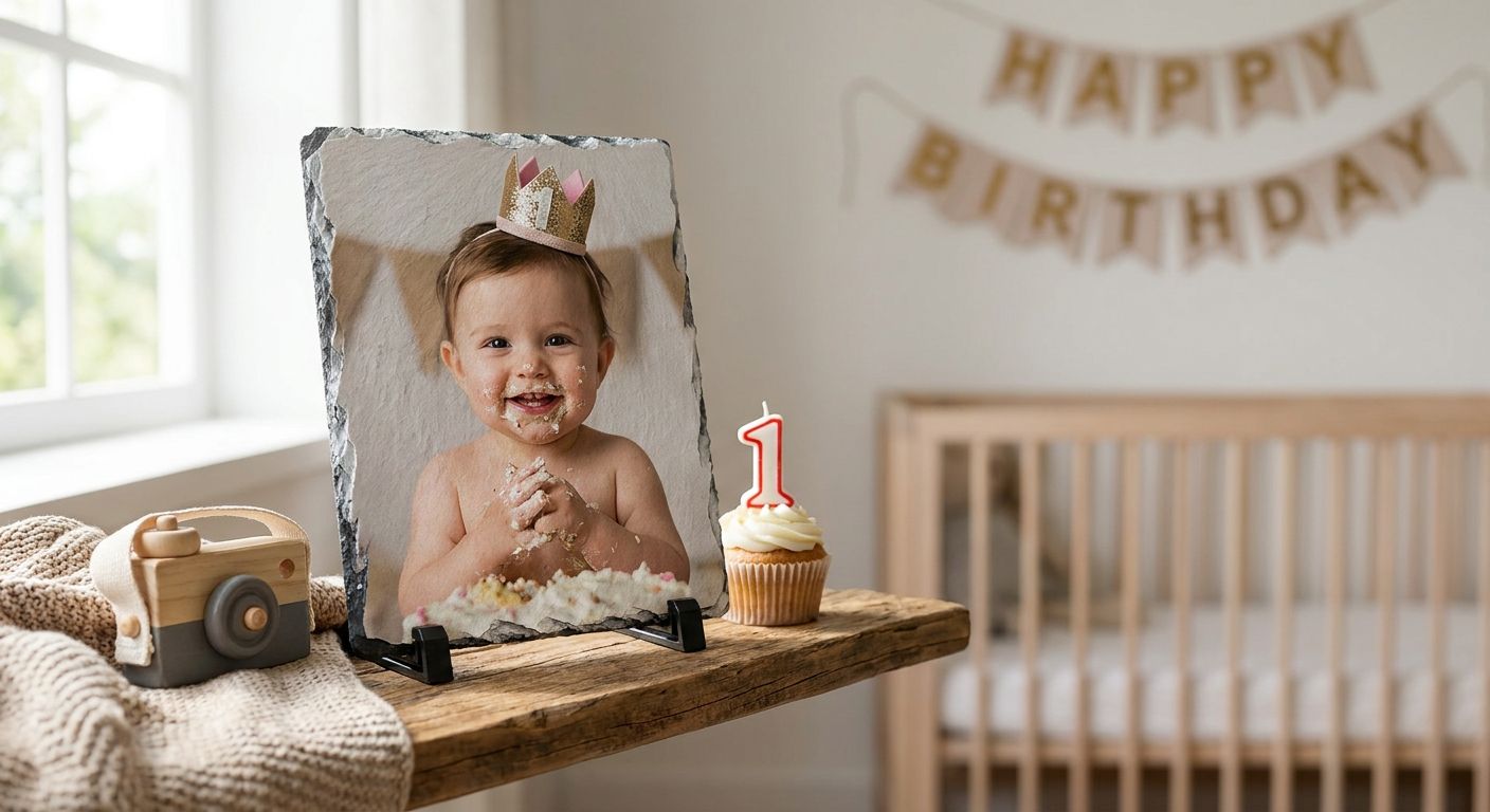 Slate photo keepsakes for baby's first birthday