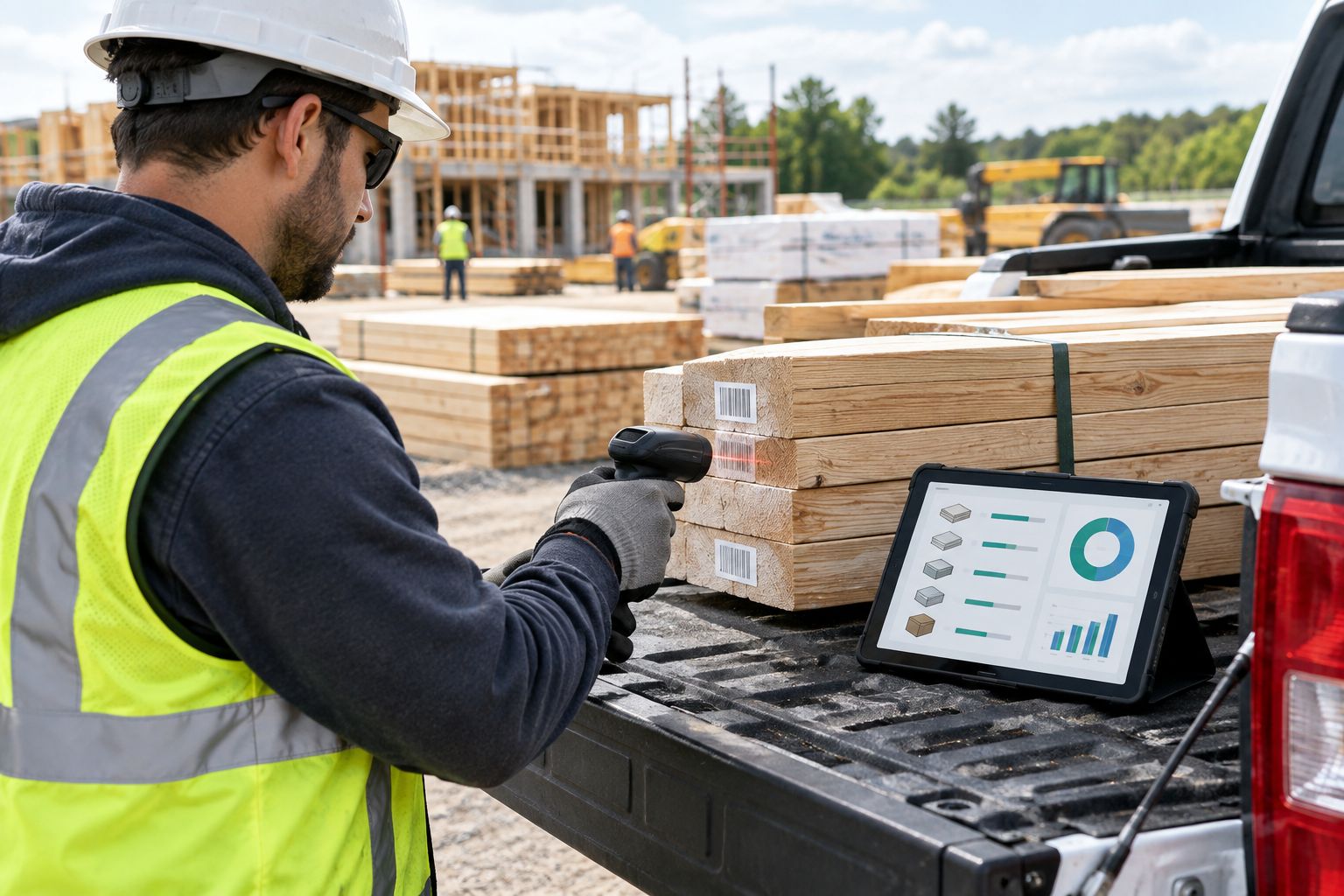 Contractor scanning materials at a truck tailgate on a job site