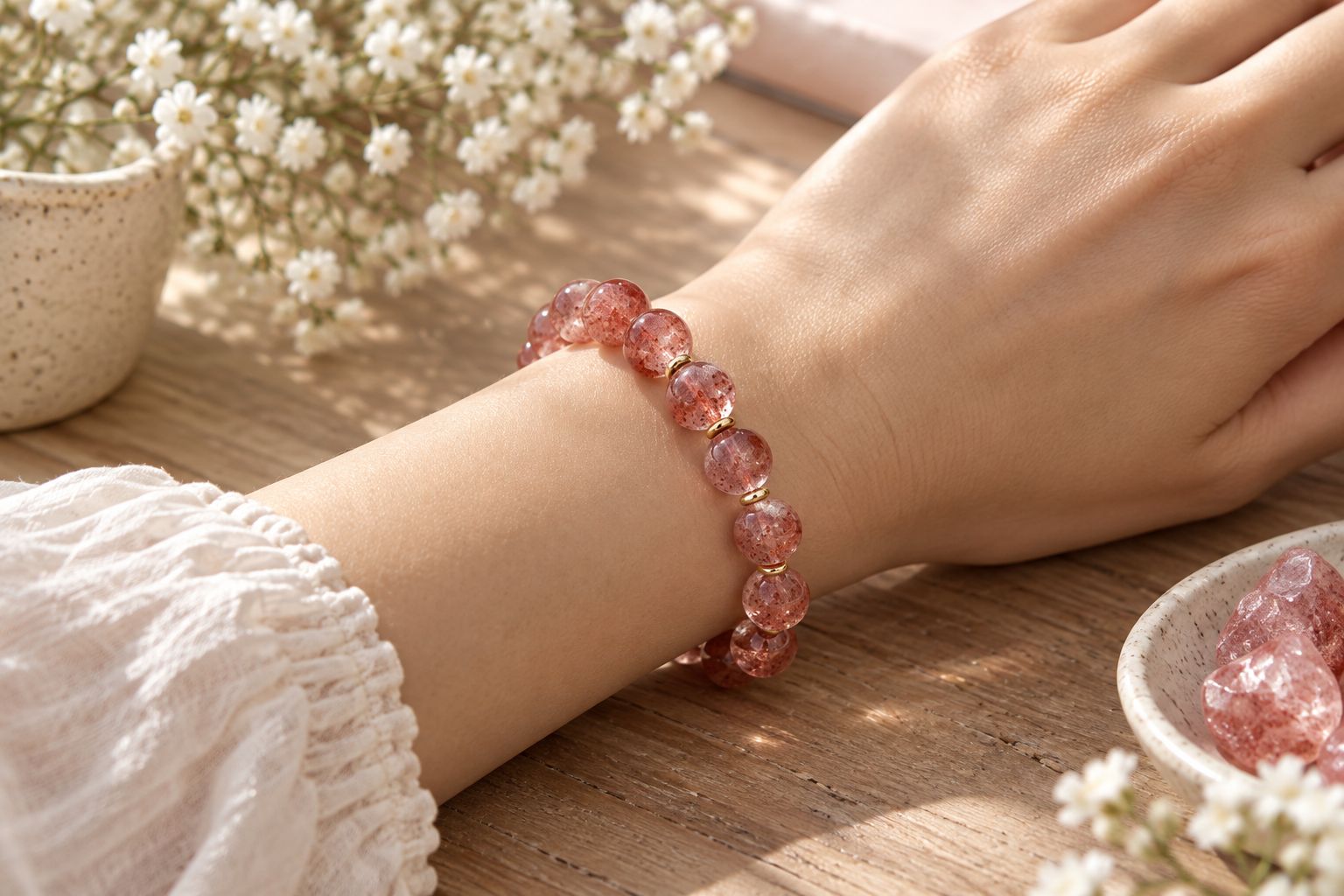 Close-up of a beaded strawberry quartz bracelet worn on a wrist
