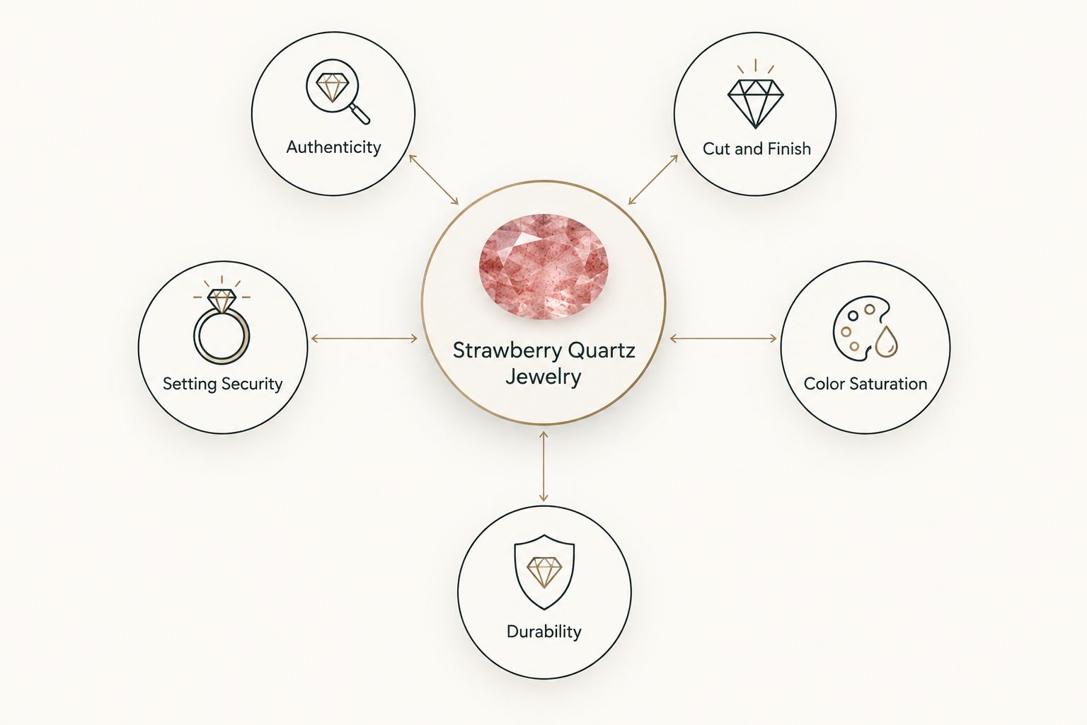 Diagram showing five criteria orbiting strawberry quartz jewelry