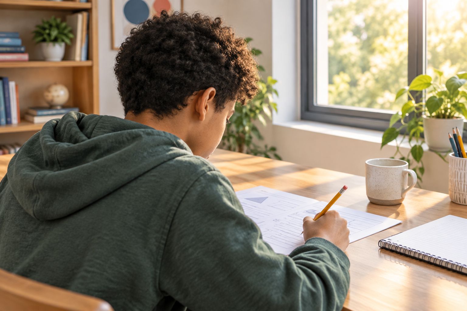 Student working through practice problems at a home desk