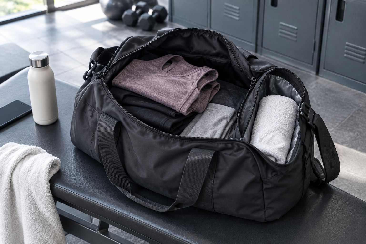 Gym duffel separating a damp towel from dry workout clothing