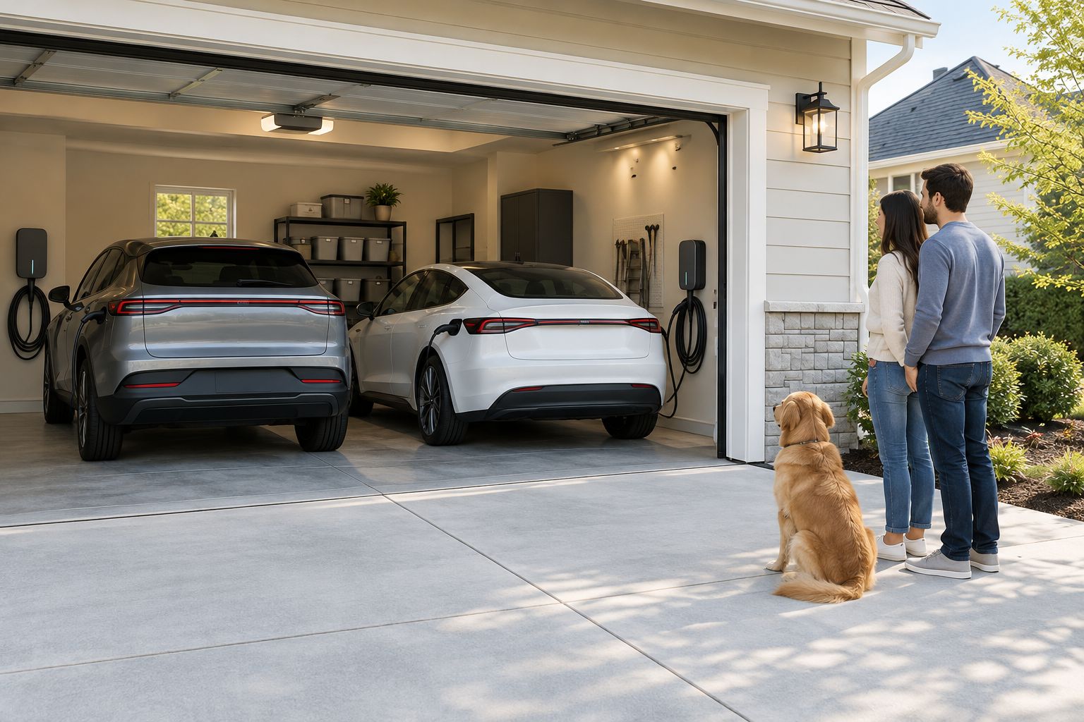 Two wall-mounted EV chargers positioned for separate parking spaces in a home garage