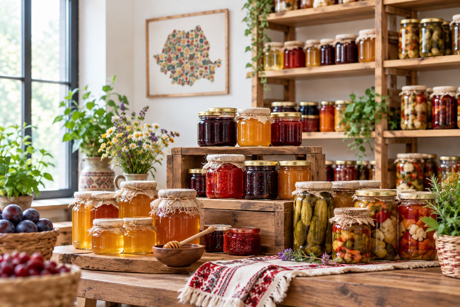 Raft de delicatese cu borcane de zacuscă, miere și dulceață