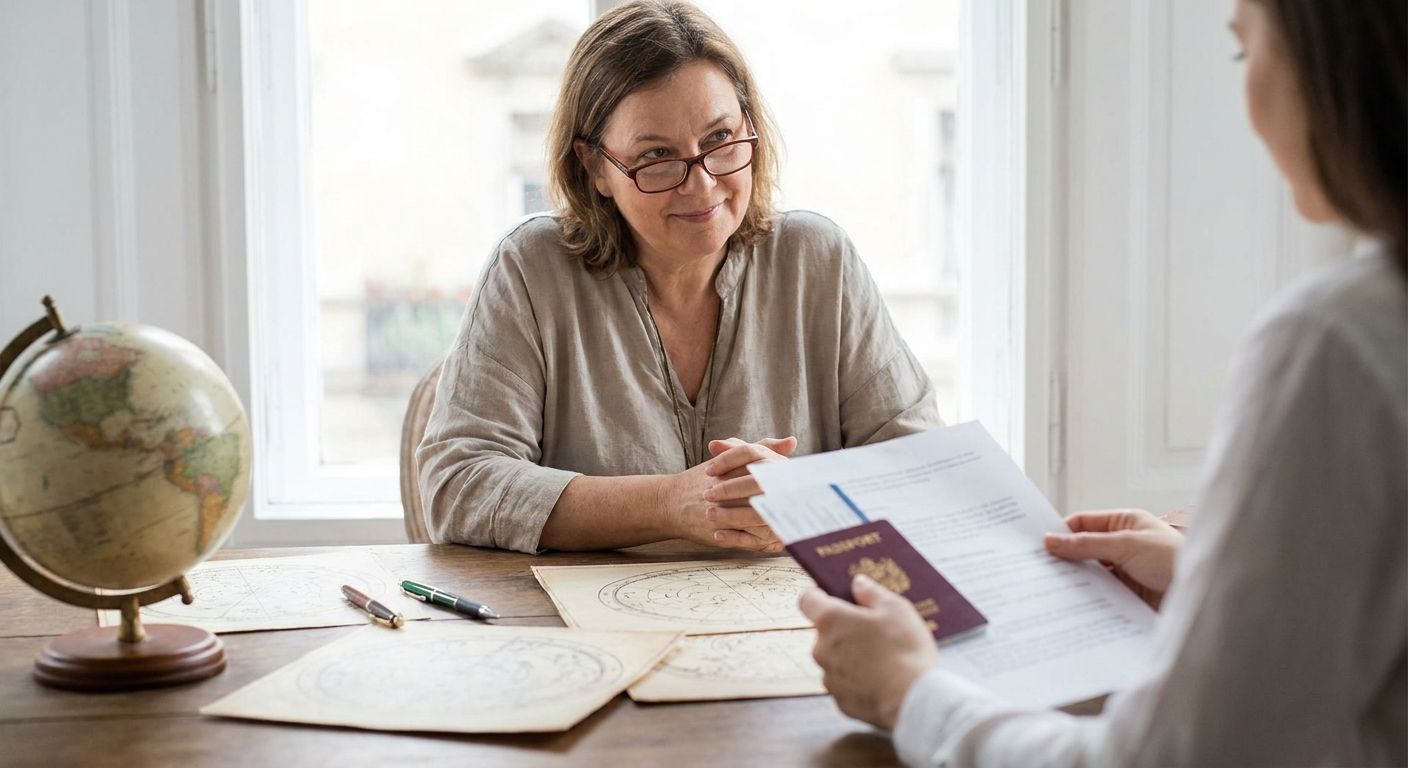 Two people reviewing a passport and documents beside a globe