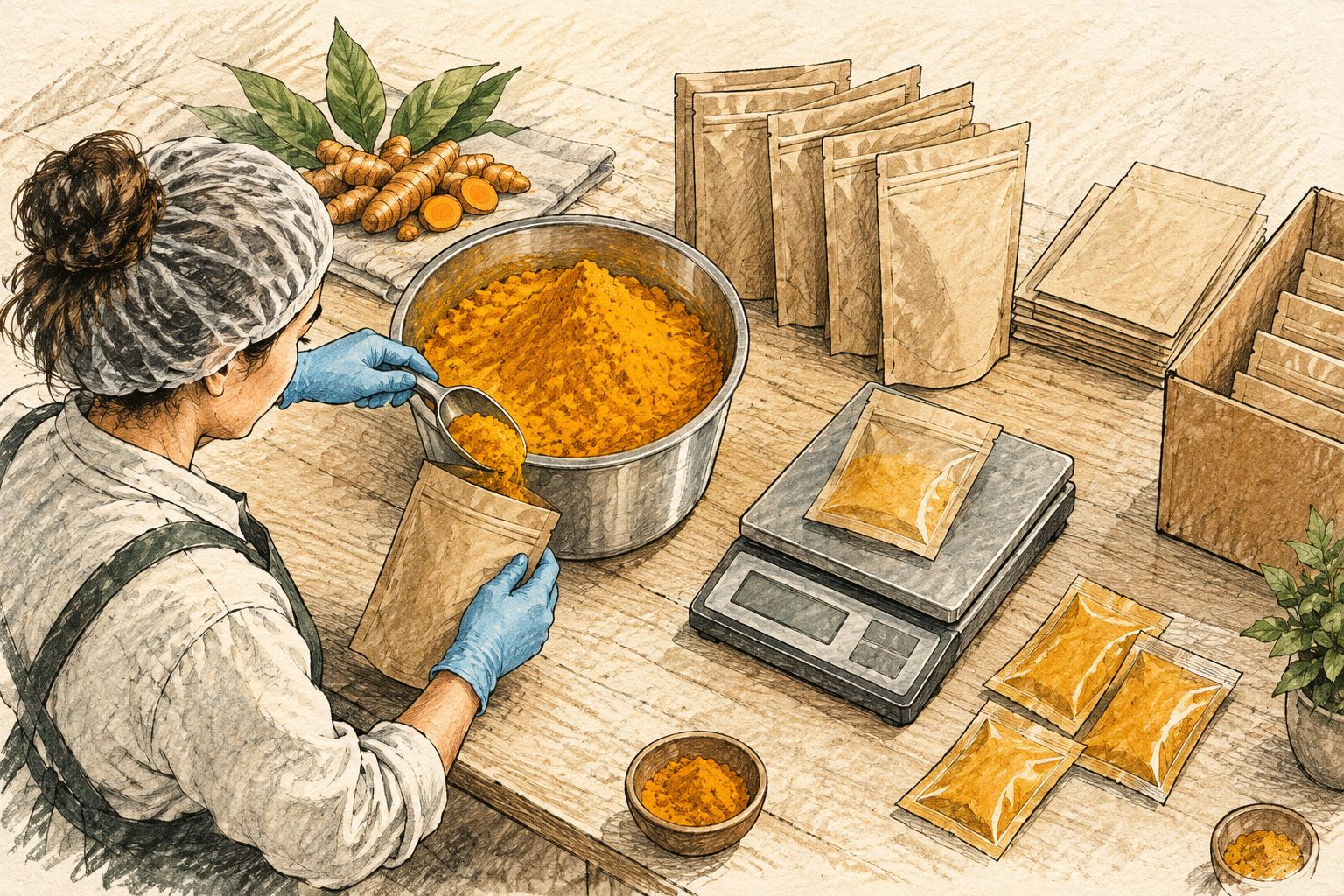 Turmeric powder, barrier pouches and sealed samples at a food-packing workstation