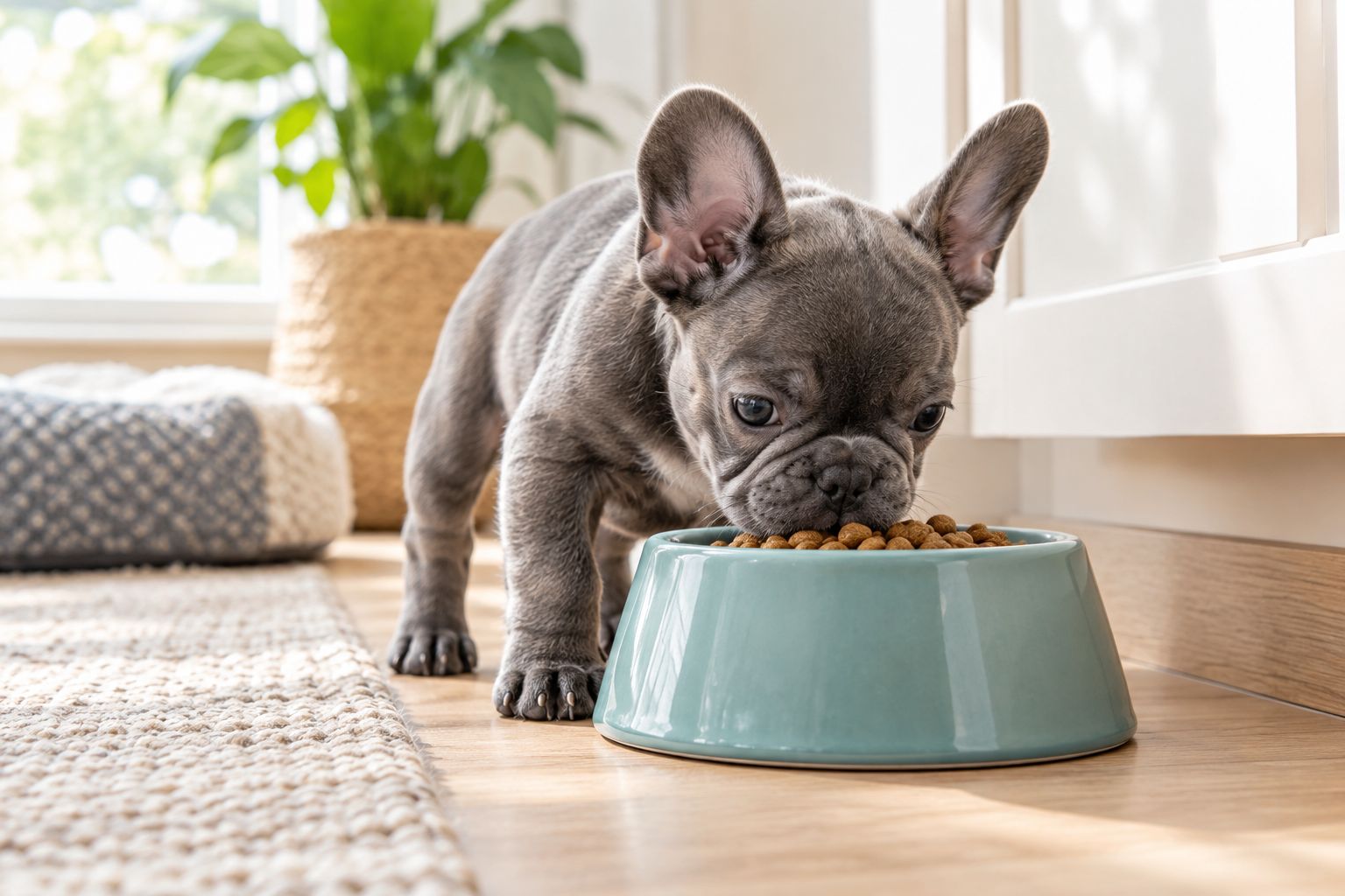 French Bulldog puppy eating from a raised bowl in a kitchen corner