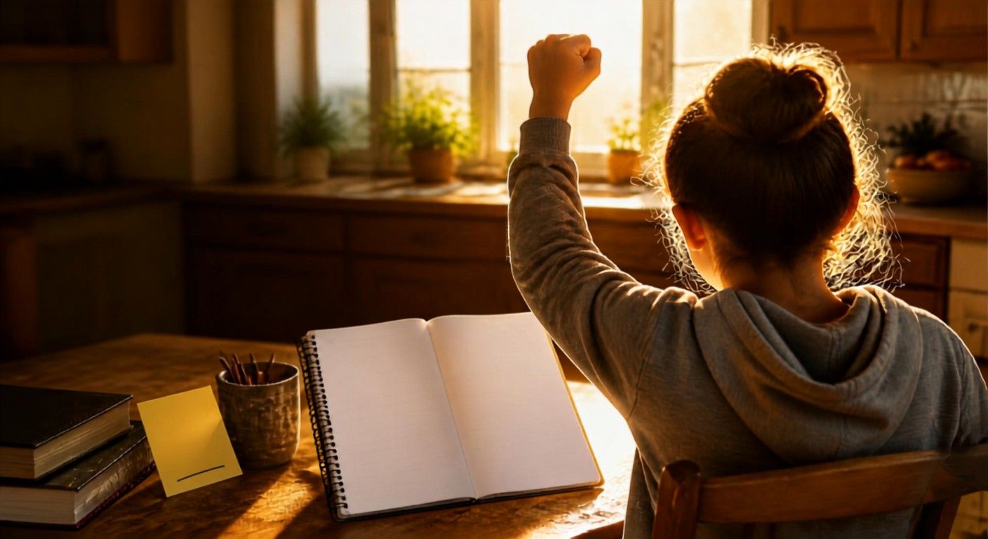 Student raising a hand while studying at home