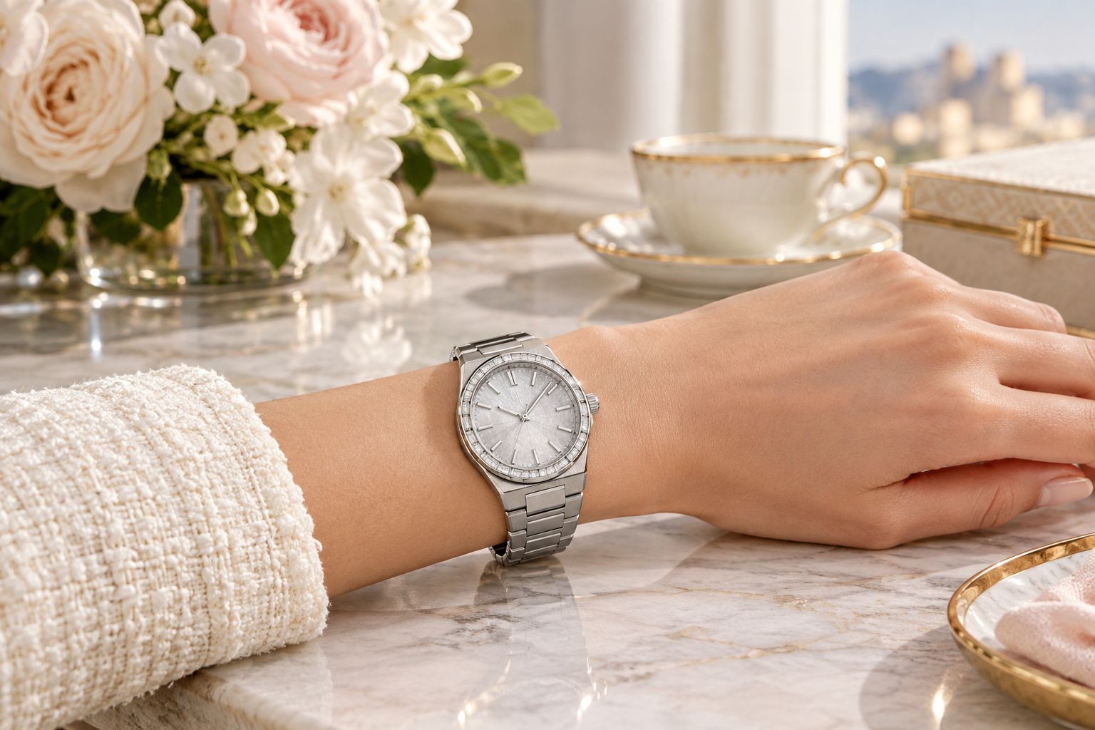 Steel sport-luxury watch with integrated bracelet on a woman's wrist